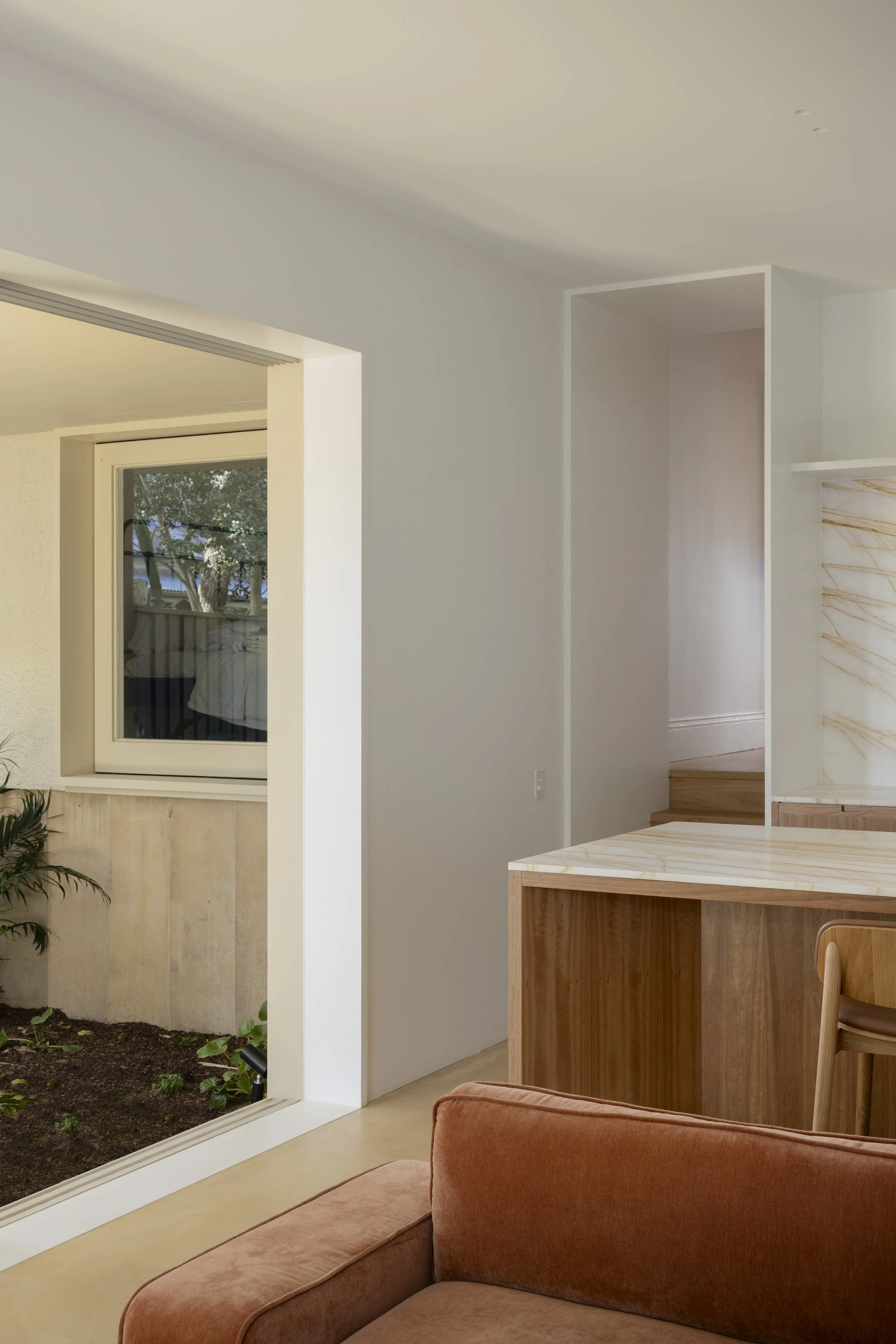 Urban architecture in a garden setting. Residential Alterations and addition house by architect. Interior design of home