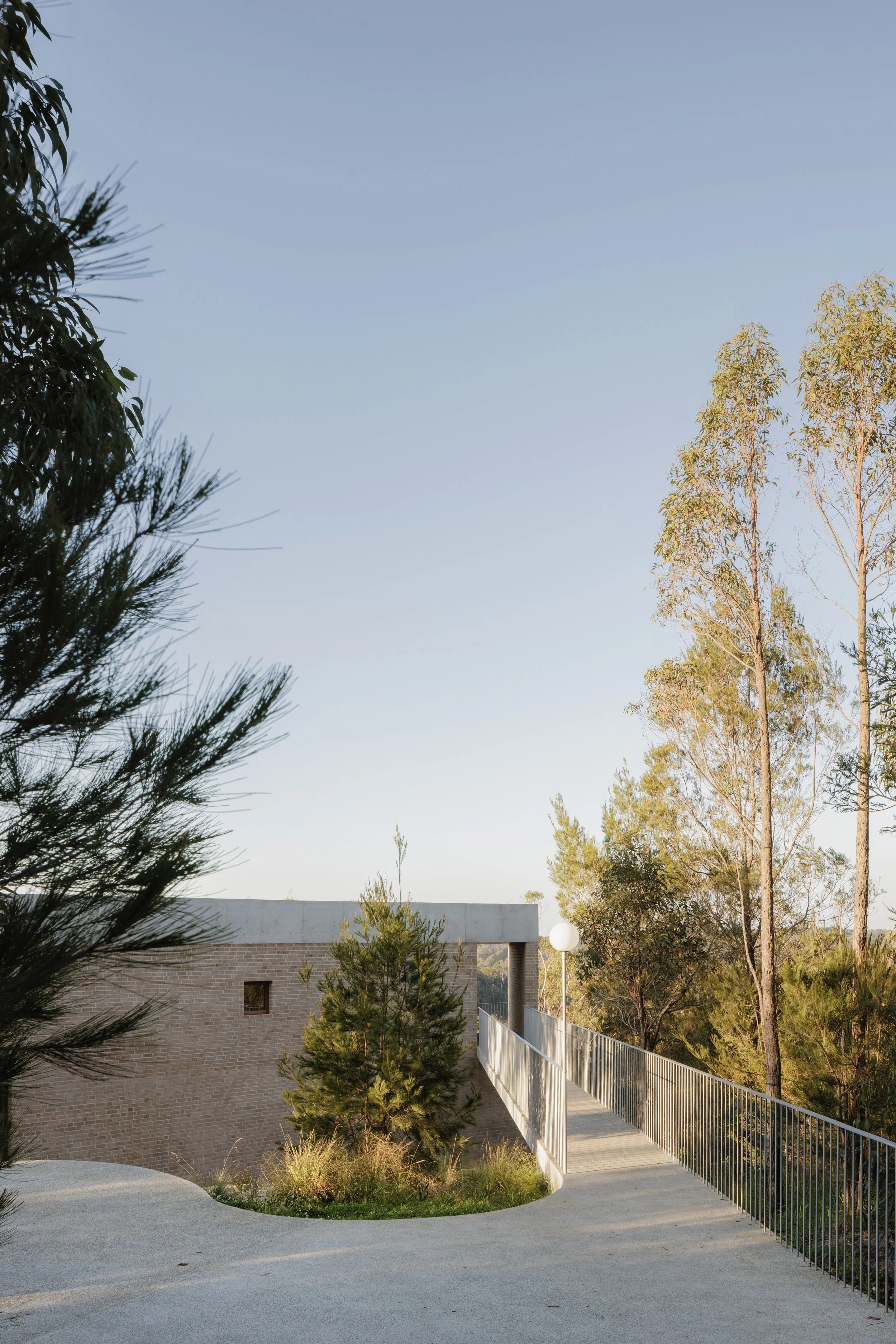 Scene of a modern building with a curved concrete pathway, surrounded by trees and bushes, under a clear blue sky.