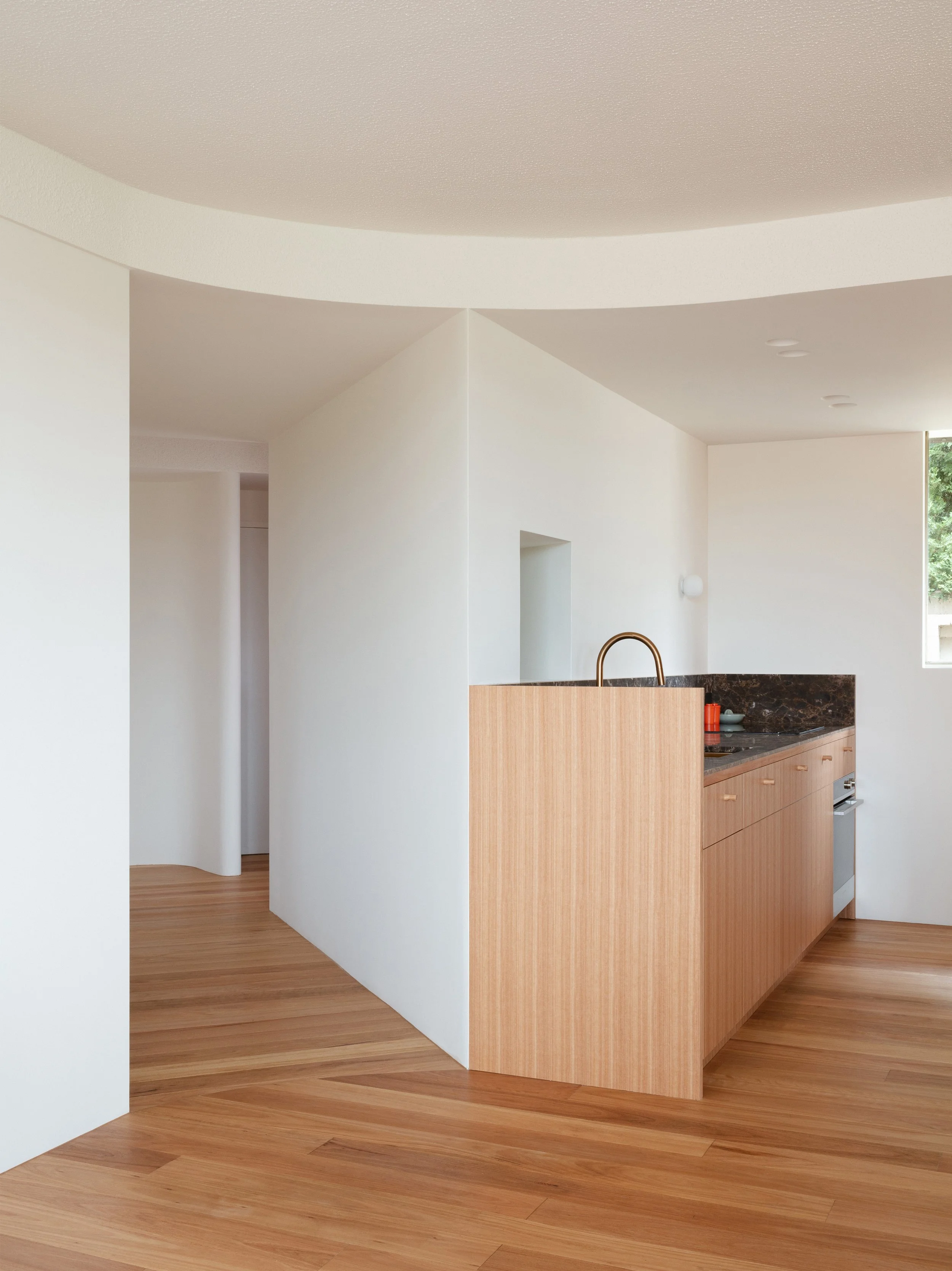 Modern kitchen with wood cabinetry, black marble counter, and light wood flooring in an open space with white walls.