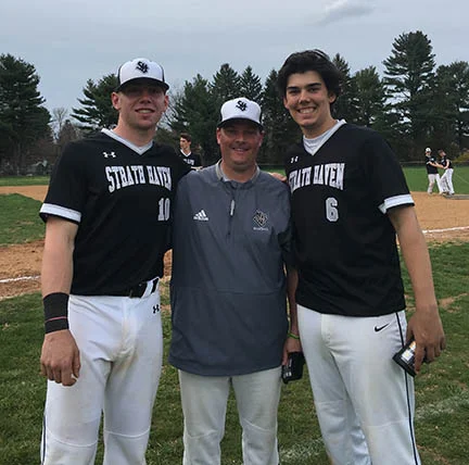 Panthers co-captains Brady Mutz (10) and Noah Atsaves (6) with SHHS varsity baseball coach (and SHMS math teacher) Coach Brian Fili.