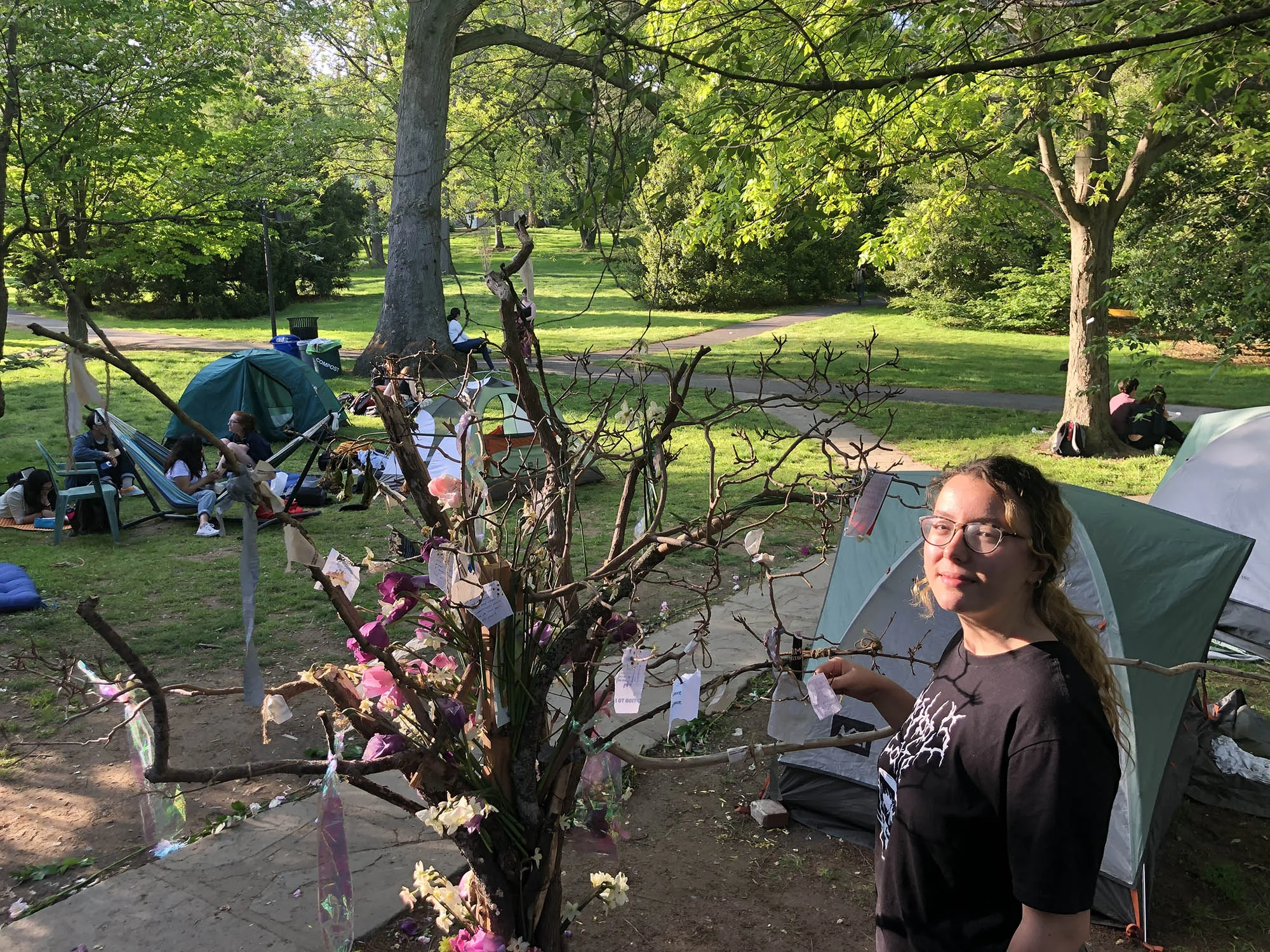 At the protest’s “wishing tree” outside the Phi Psi fraternity house, ideals remain the focus of Daria Mateescu, one of the Psi sit-in organizers. She spoke Tuesday at the house which some participants continued to occupy, both indoors and on the adjacent lawn on Swarthmore’s lower campus.
