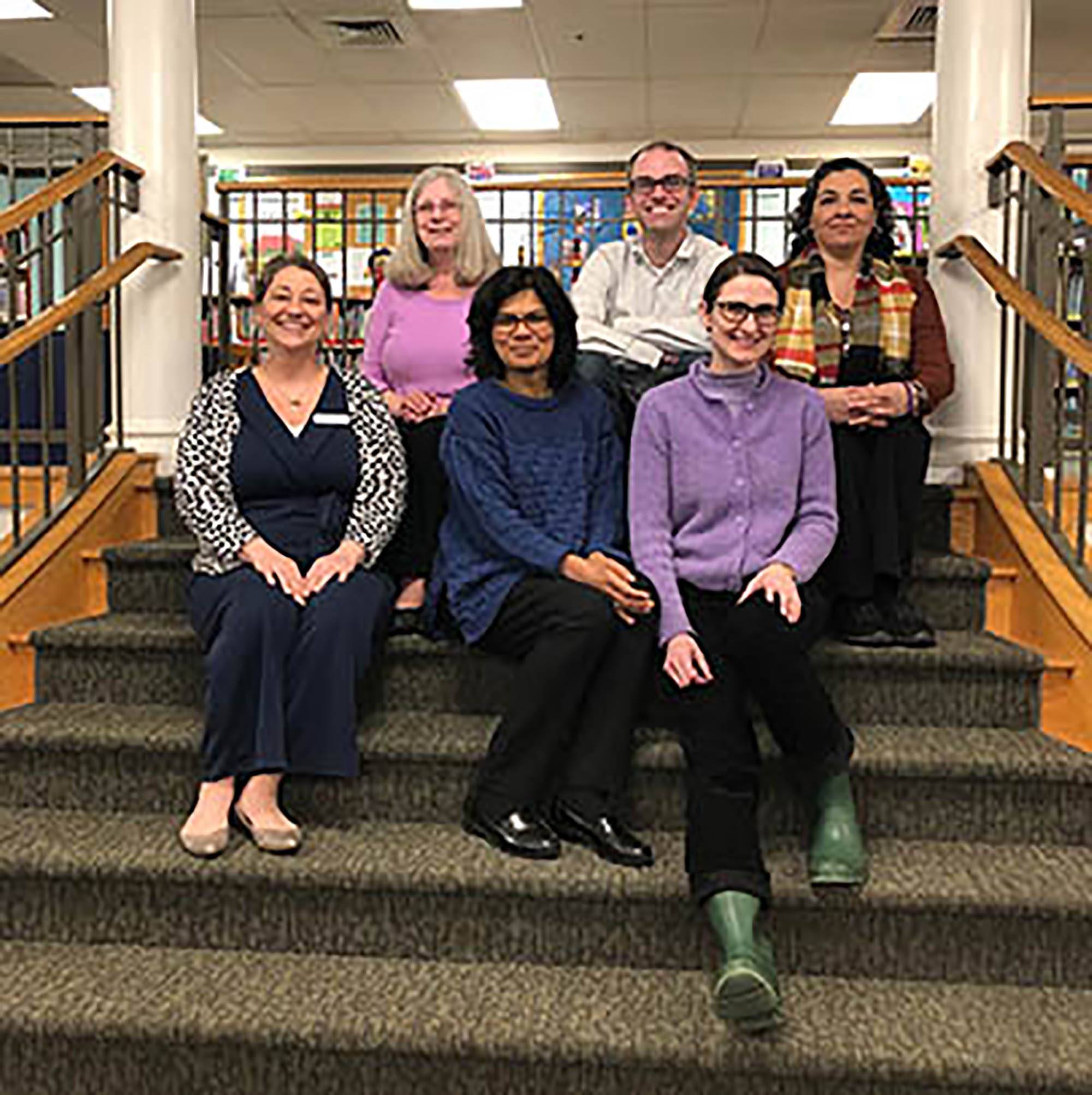 The Swarthmore Public Library staff: Back row (l. to r.): Carol Mackin, Circulation Manager; Scott Schumacher, Youth Services Coordinator; and Perri Rechner, Library Assistant. Front row (l. to r.): Amber Osborne, Library Director; Sadhana Kapur, Library Assistant; and Lucy Saxon, Assistant Librarian.