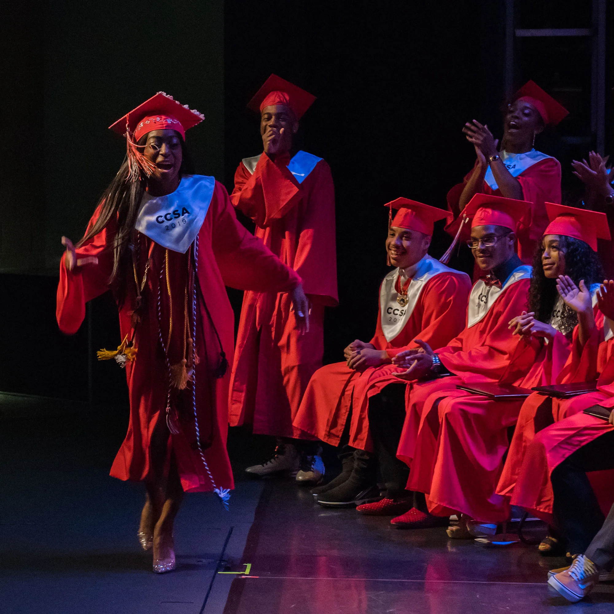CCSA Class of 2019 Valedictorian Sierra Le’Bue-Richardson joyfully makes her way to the dais at Lang Performing Arts Center. She will study actuarial science at Morgan State University on a partial scholarship.