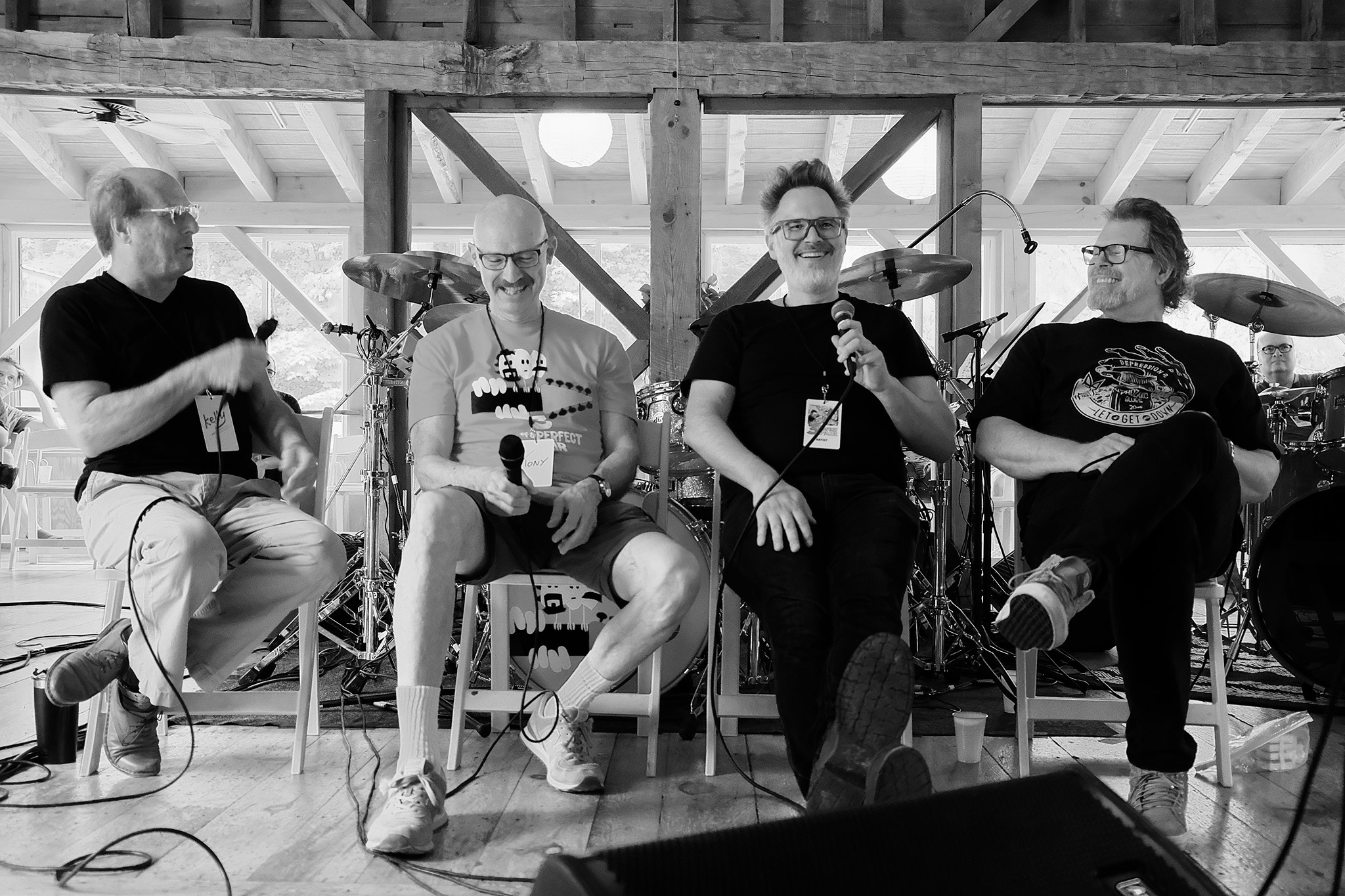 (Left to right) Adrian Belew, Tony Levin, Markus Reuter, and Pat Mastellotto telling stories at the beginning of camp.
