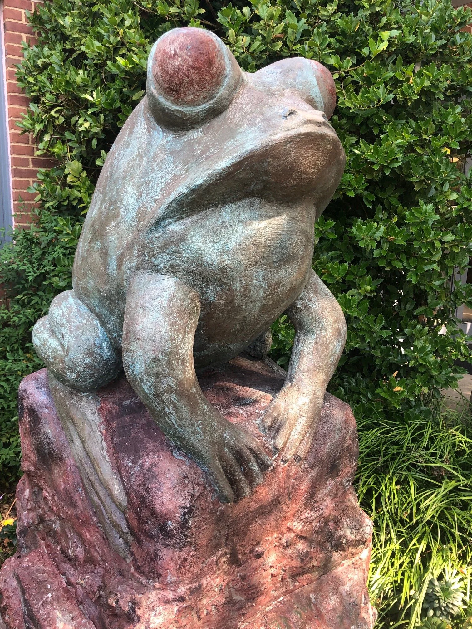 Eric Schaff’s homage to Beelzebufo guards Swarthmore from its perch outside Borough Hall. This specimen may be only a slight upsizing of the Cretaceous creature, which plied the primordial ooze at an estimated 16 inches in length and perhaps 10 pounds.