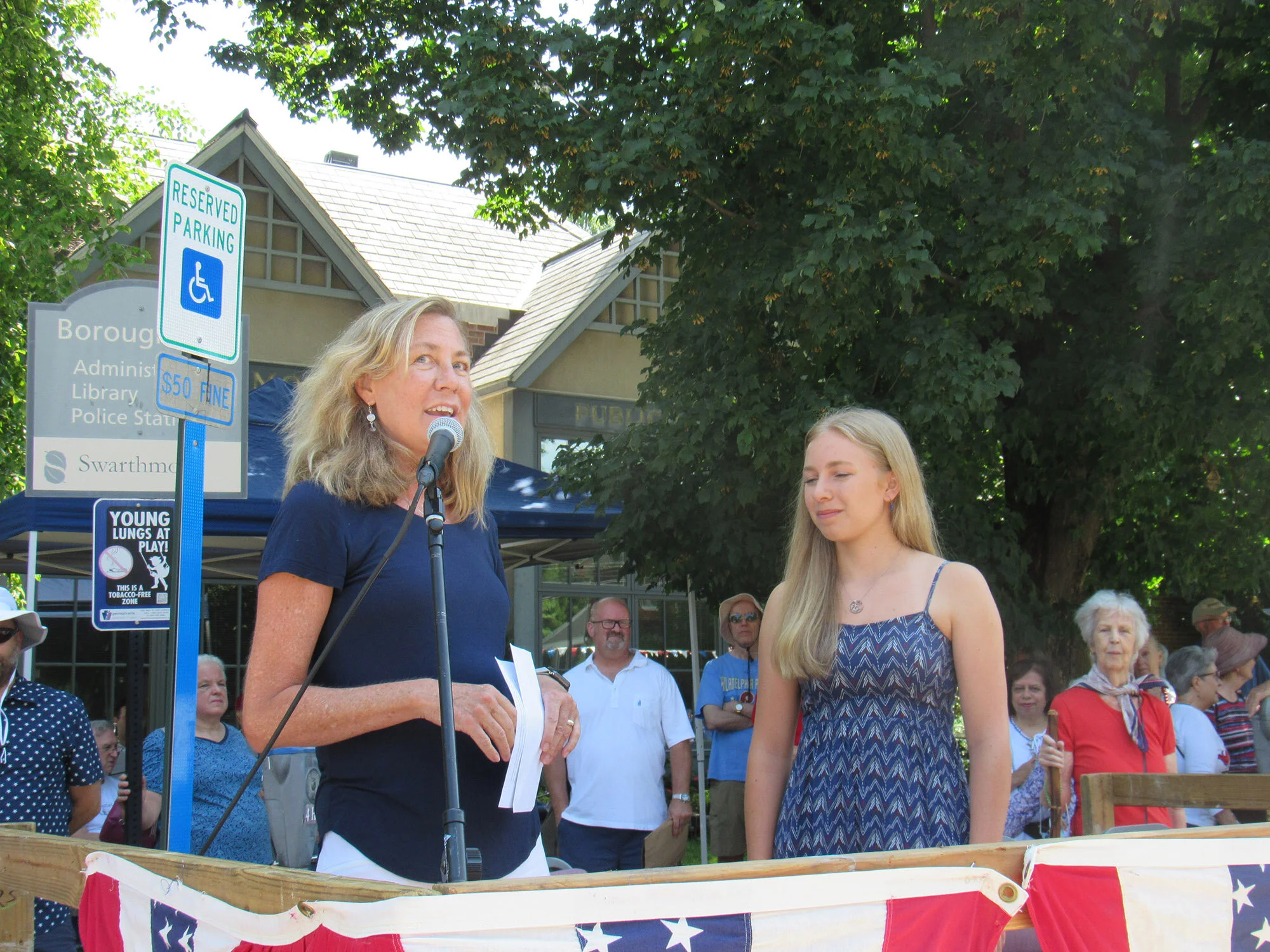  Independence Day Celebration in Swarthmore. Monica Kruse awards the Swarthmore Centennial Foundation Scholarship to Marie Lowry. 