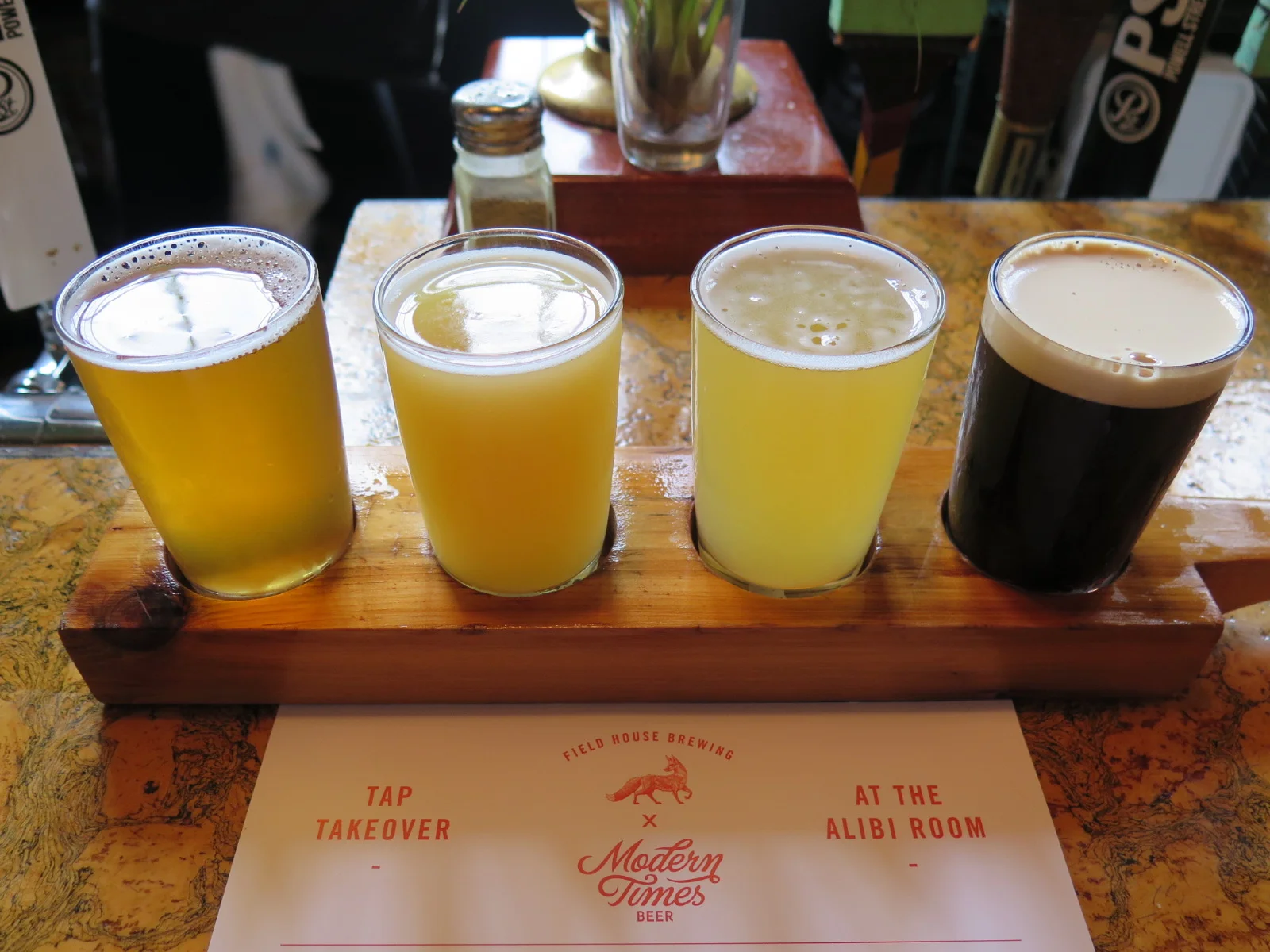 beer flight craft beer Alibi Room Vancouver Modern Times Beer Field House Brewing Abbotsford