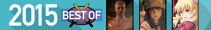 RPGamer on-site only banner for the Game of the Year story. The swords and shield are the logo for the site, with some hints of some of the best games on the right.