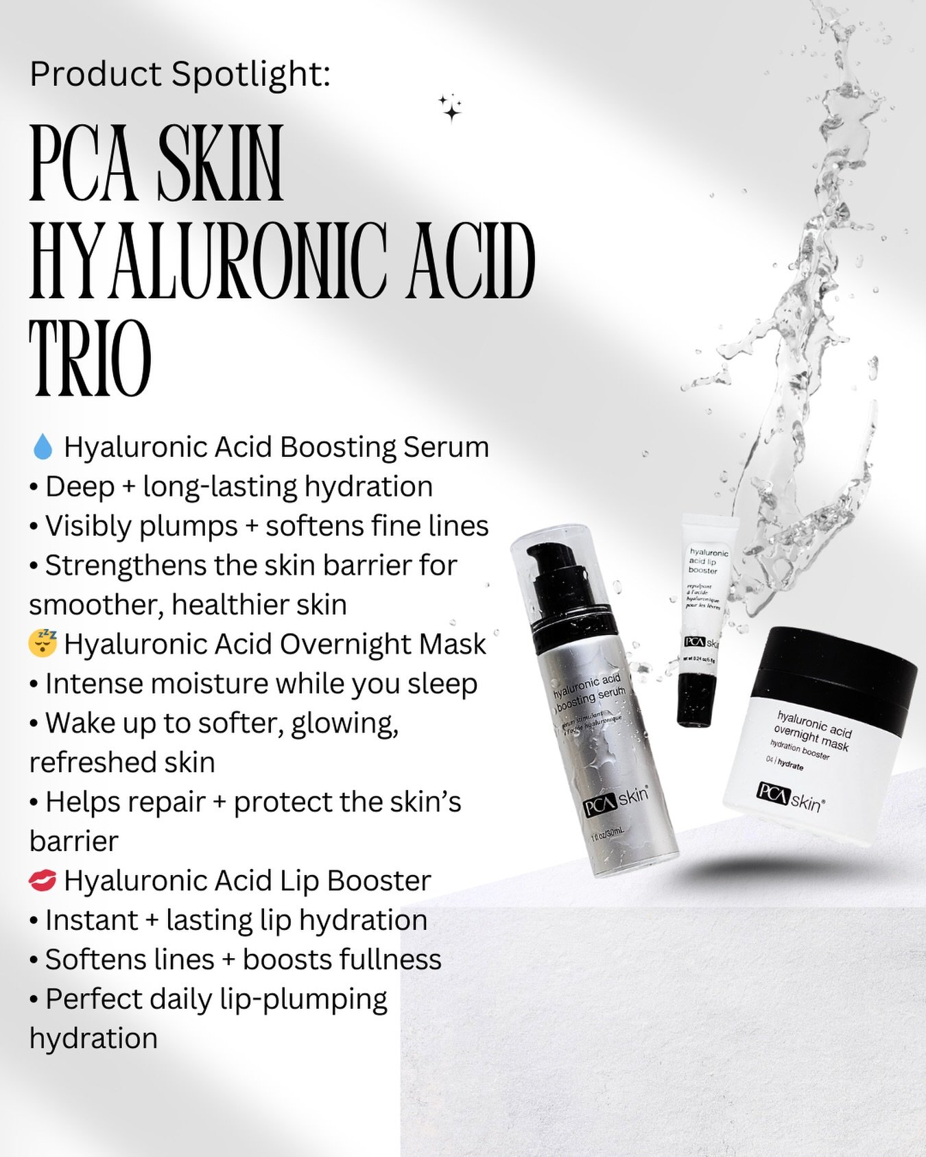 ✨ PRODUCT SPOTLIGHT: PCA Skin Hyaluronic Acid Trio ✨
Your go-to lineup for plump, hydrated, glowing skin.

💧 Hyaluronic Acid Boosting Serum &pound;105
&bull; Deep + long-lasting hydration
&bull; Visibly plumps + softens fine lines
&bull; Strengthens