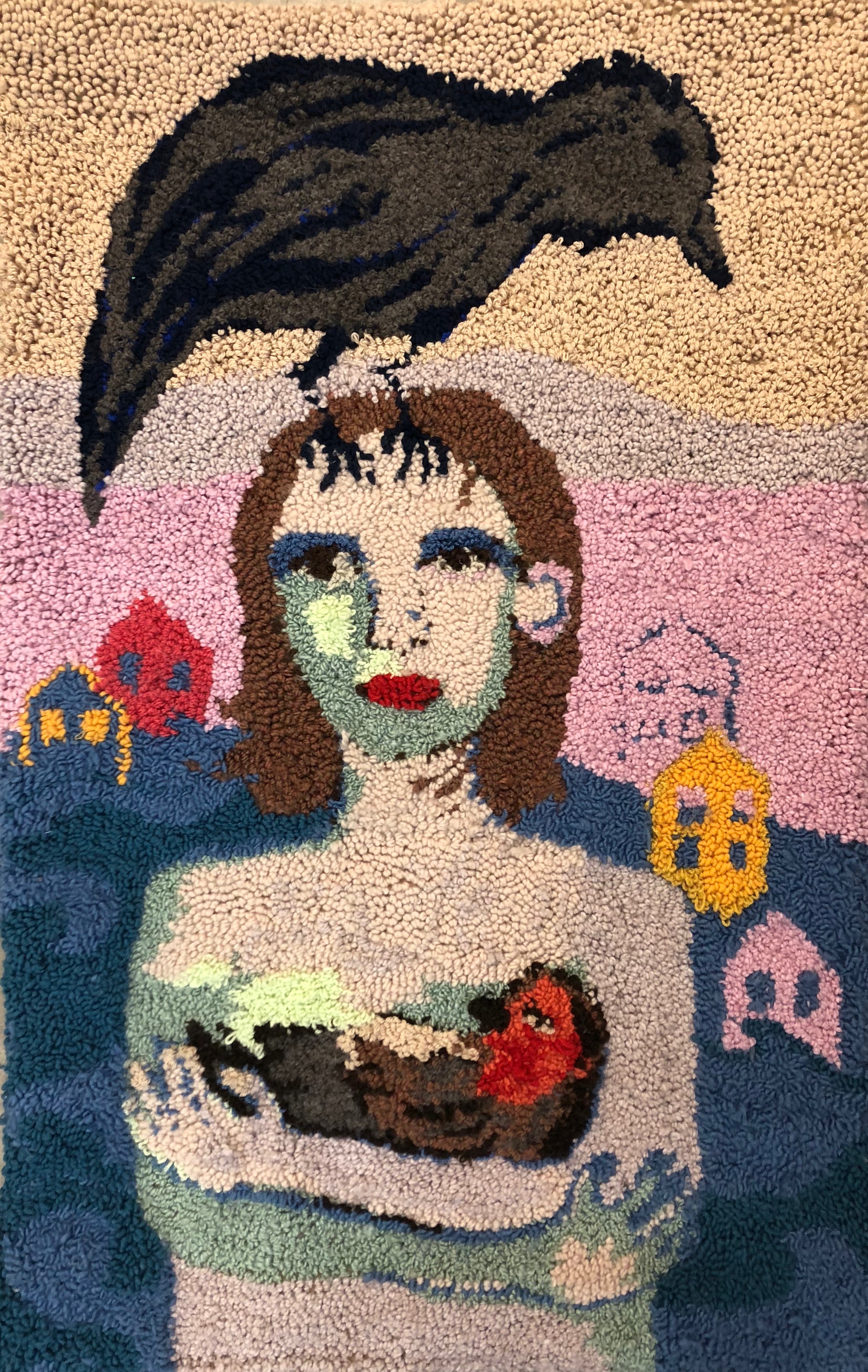 ‘Fuck off crow’, 2019, 95 x 136 cm Hessian and wool