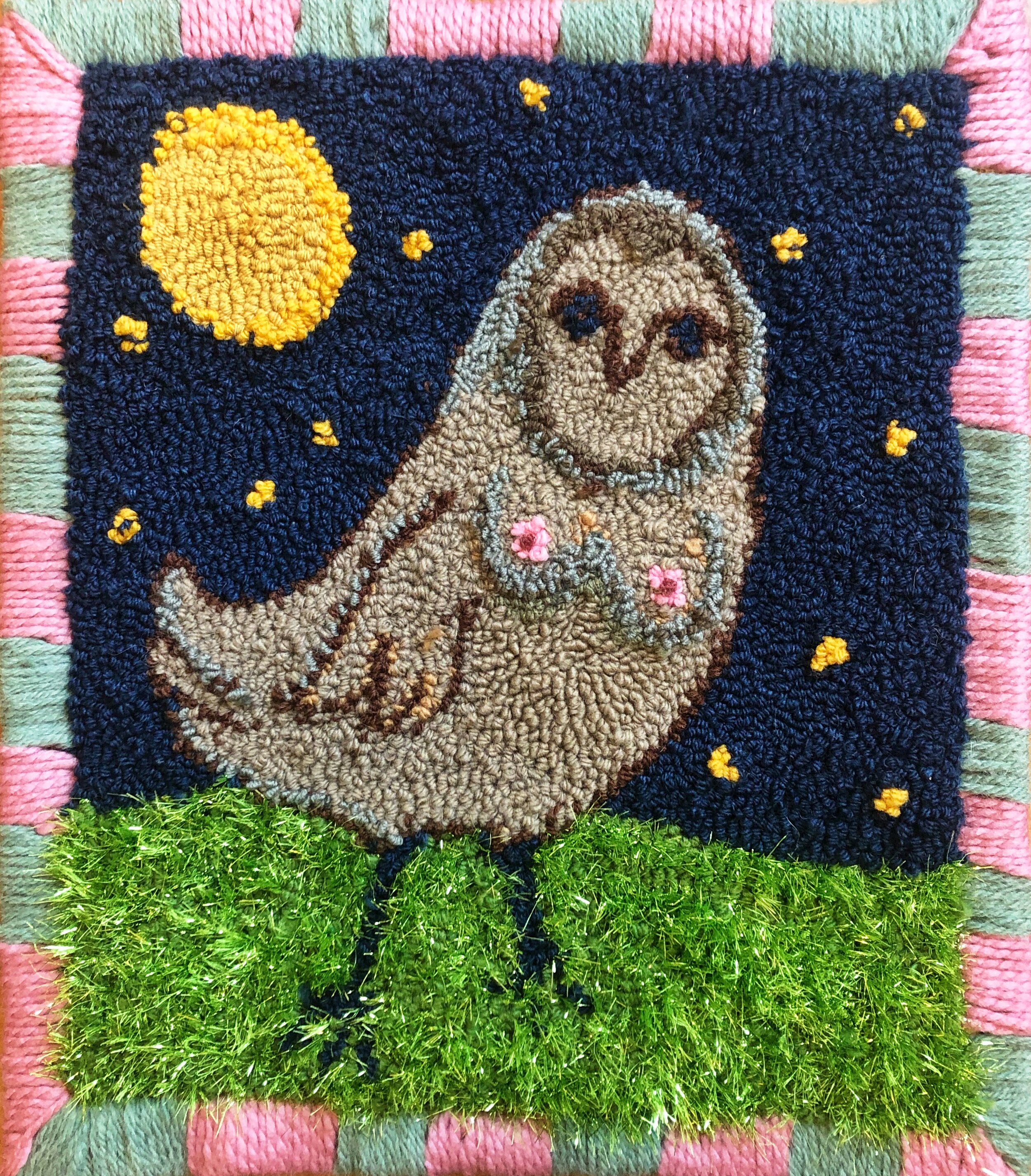 'oh how wise you are owl, you always know what's best for me', 2019, 60x40cm, Wool, tinsel on Hessian