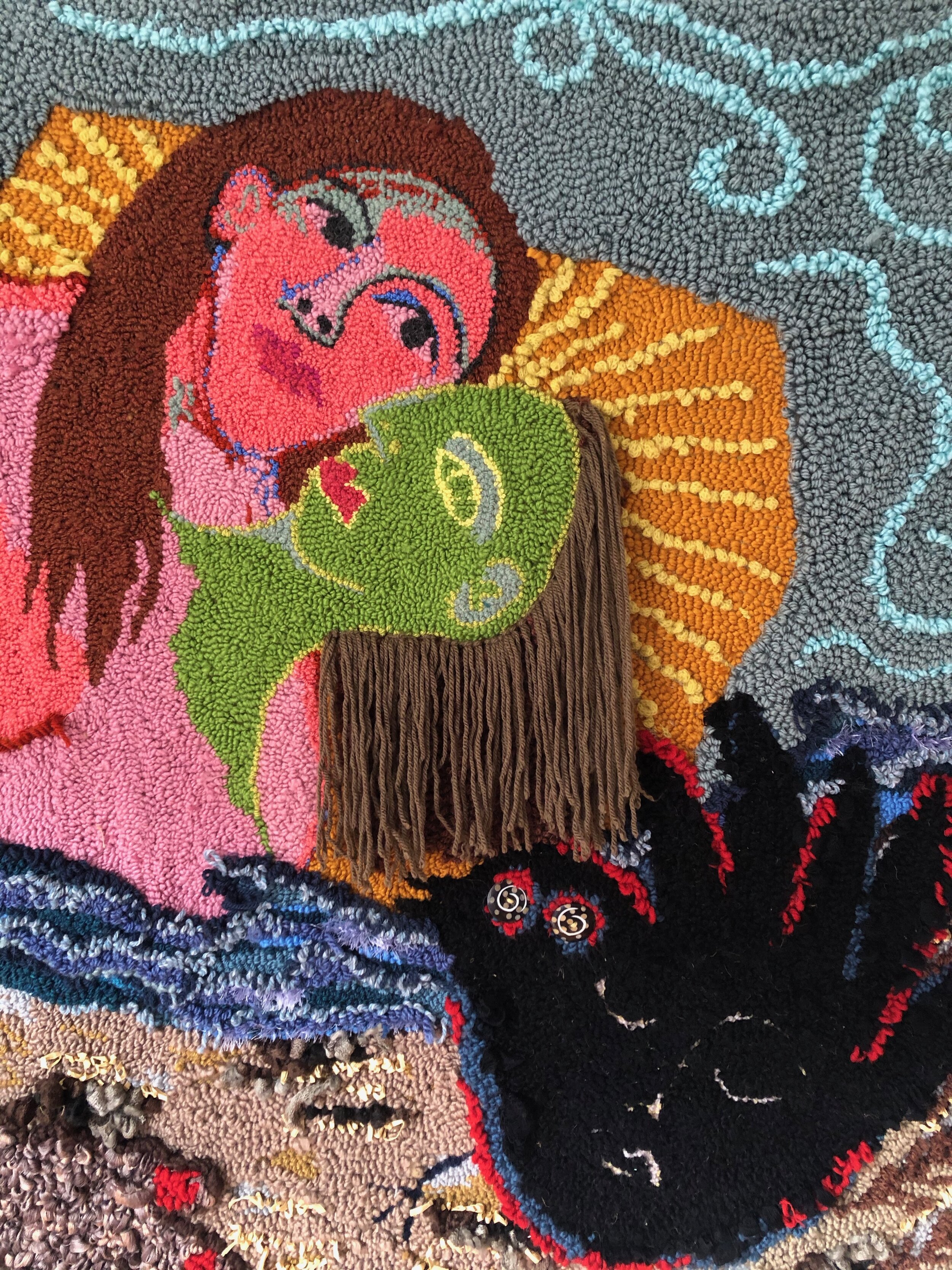 In-between-selves (details), 2020, 250x150cm, wool, acrylic, beads, straw, buttons on hessian