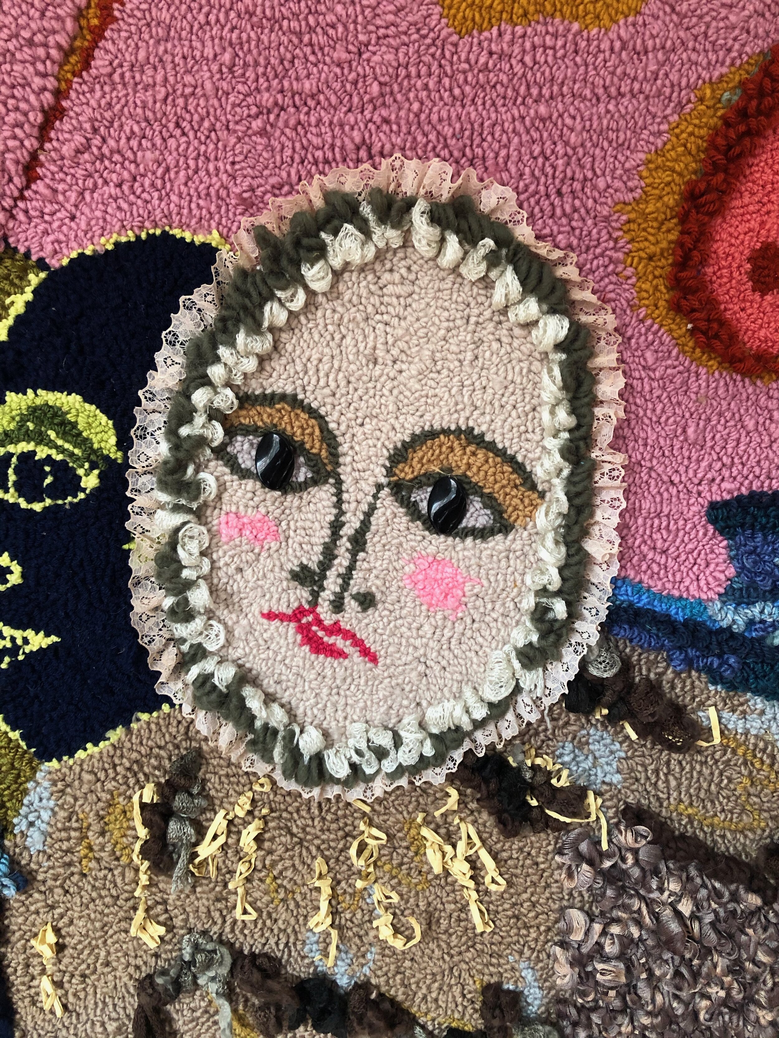 In-between-selves (details), 2020, 250x150cm, wool, acrylic, beads, straw, buttons on hessian