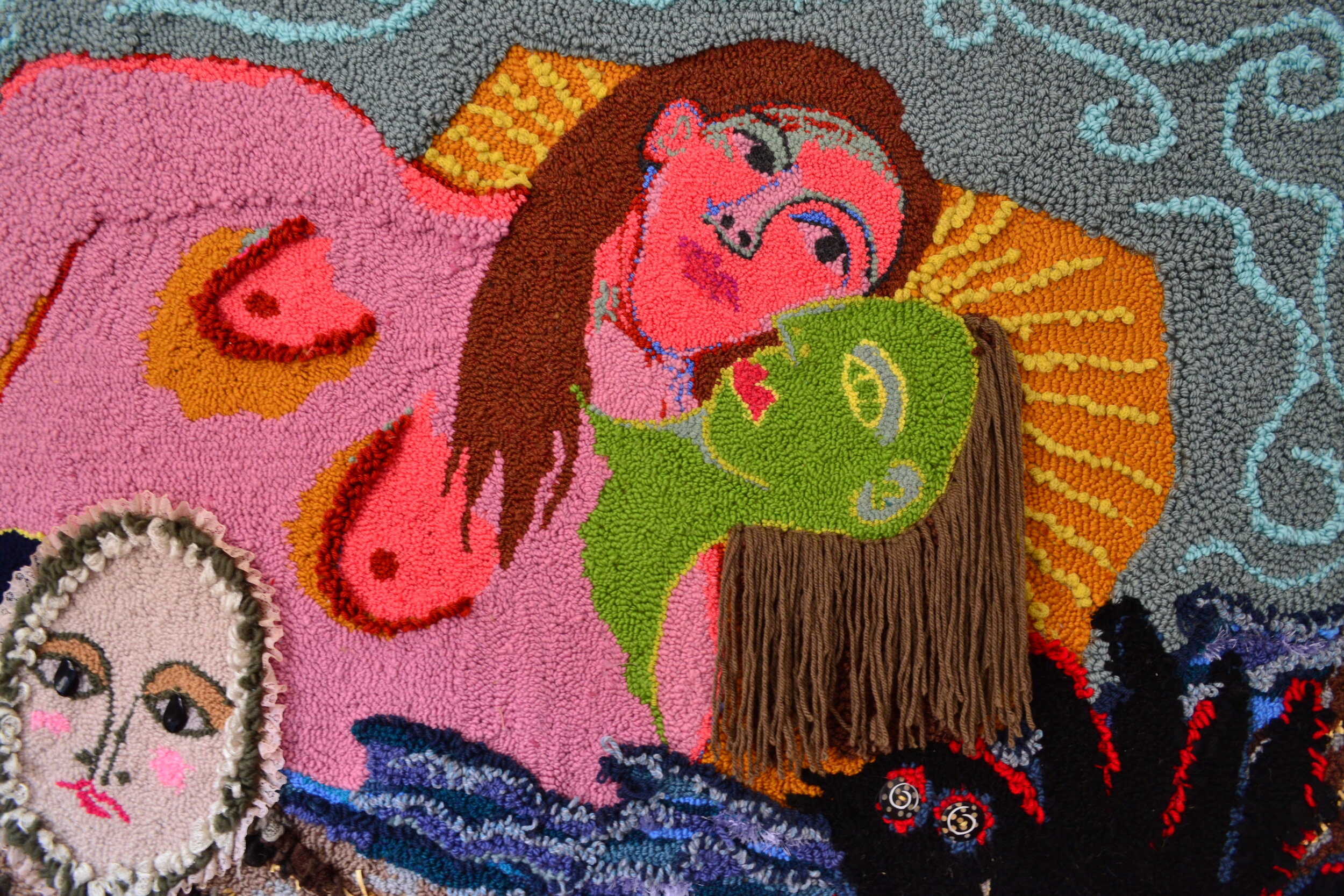 Detail 1 In-between-selves, 2020, 250x150cm wool acrylic beads straw buttons on hessian.jpeg