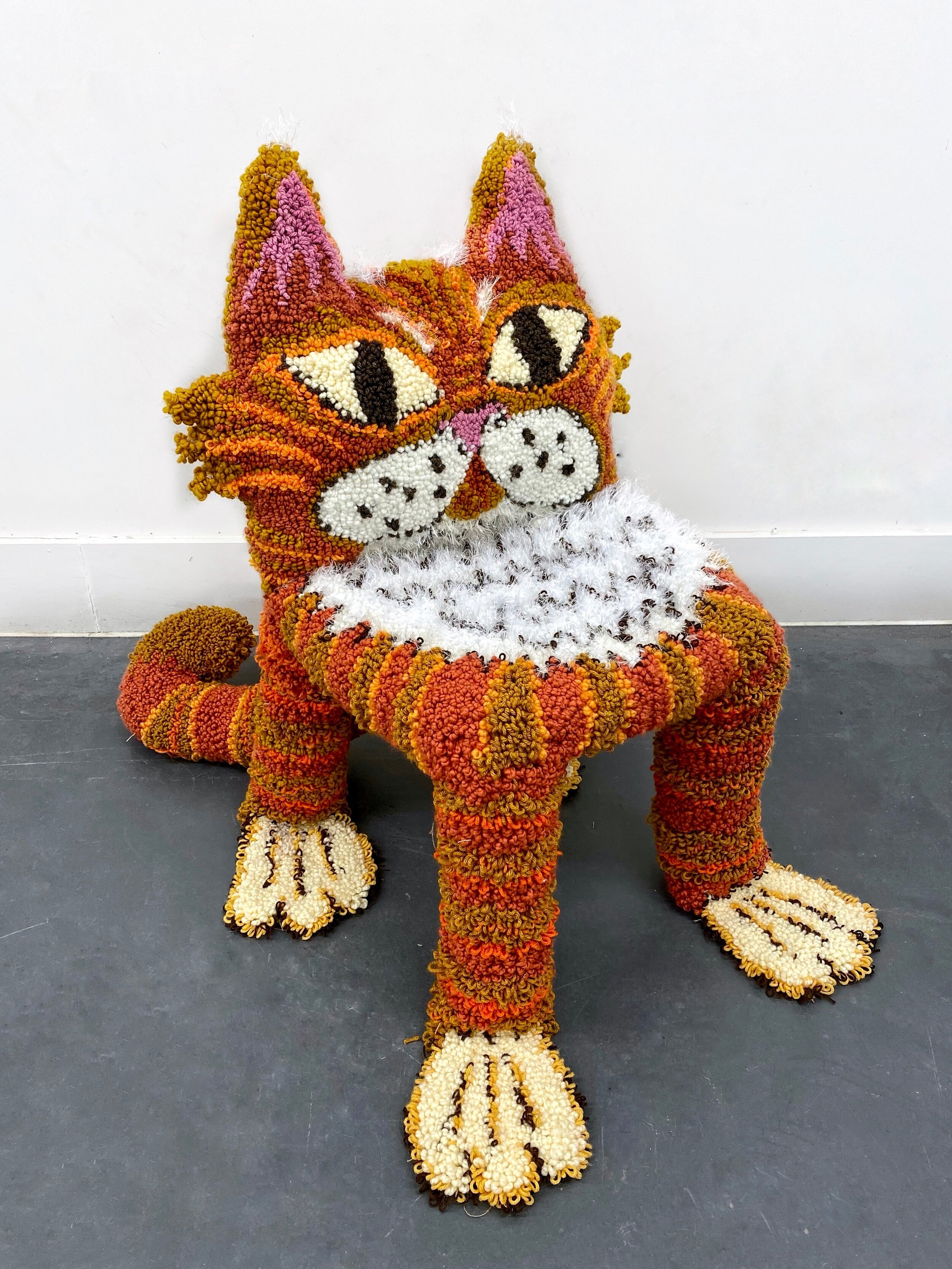 The Ginger Kitty wants me to sit on his knee’ 2021, 115x140cm, Wool and hessian on plastic chair