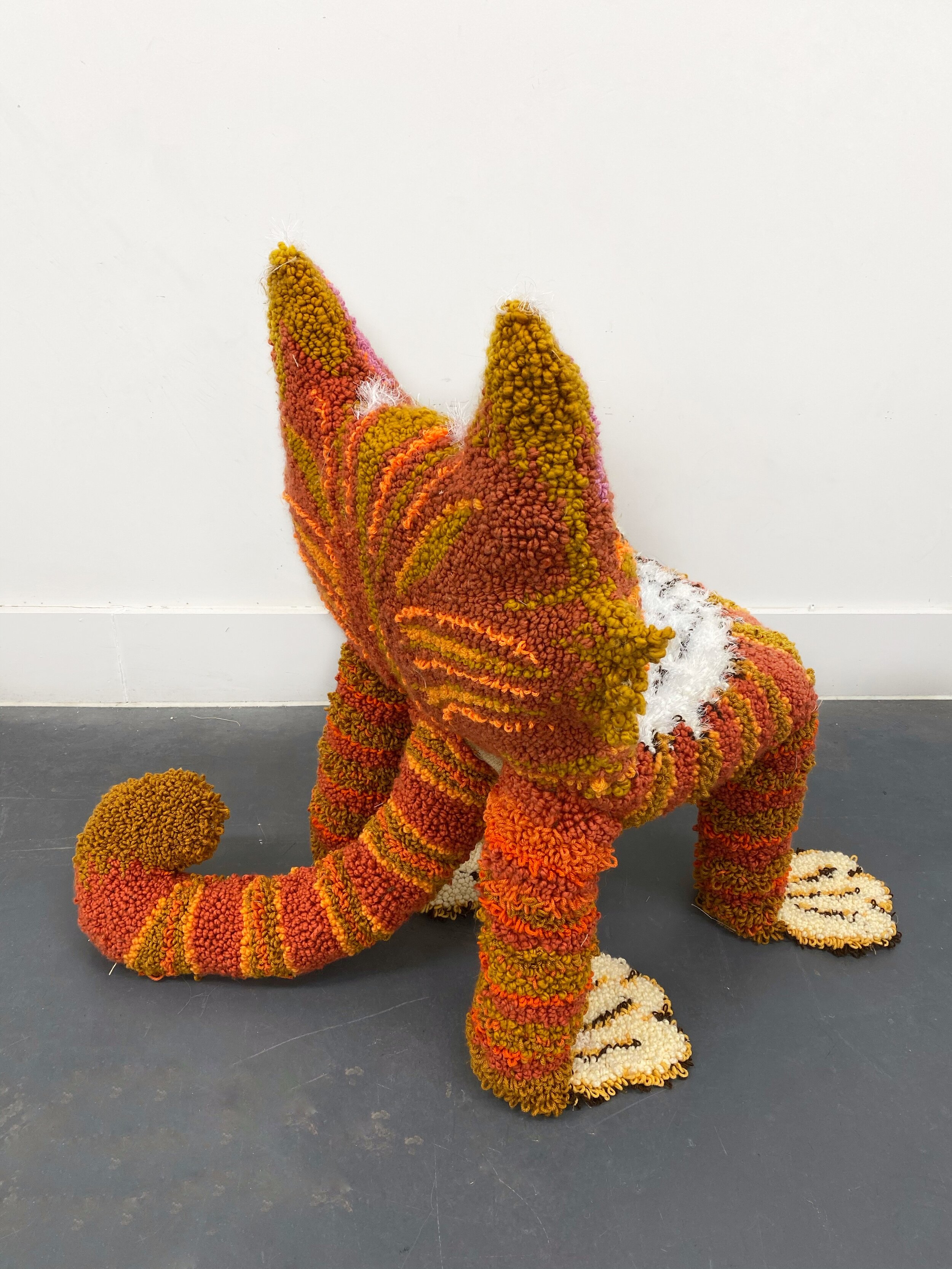 The Ginger Kitty wants me to sit on his knee’ 2021, 115x140cm, Wool and hessian on plastic chair