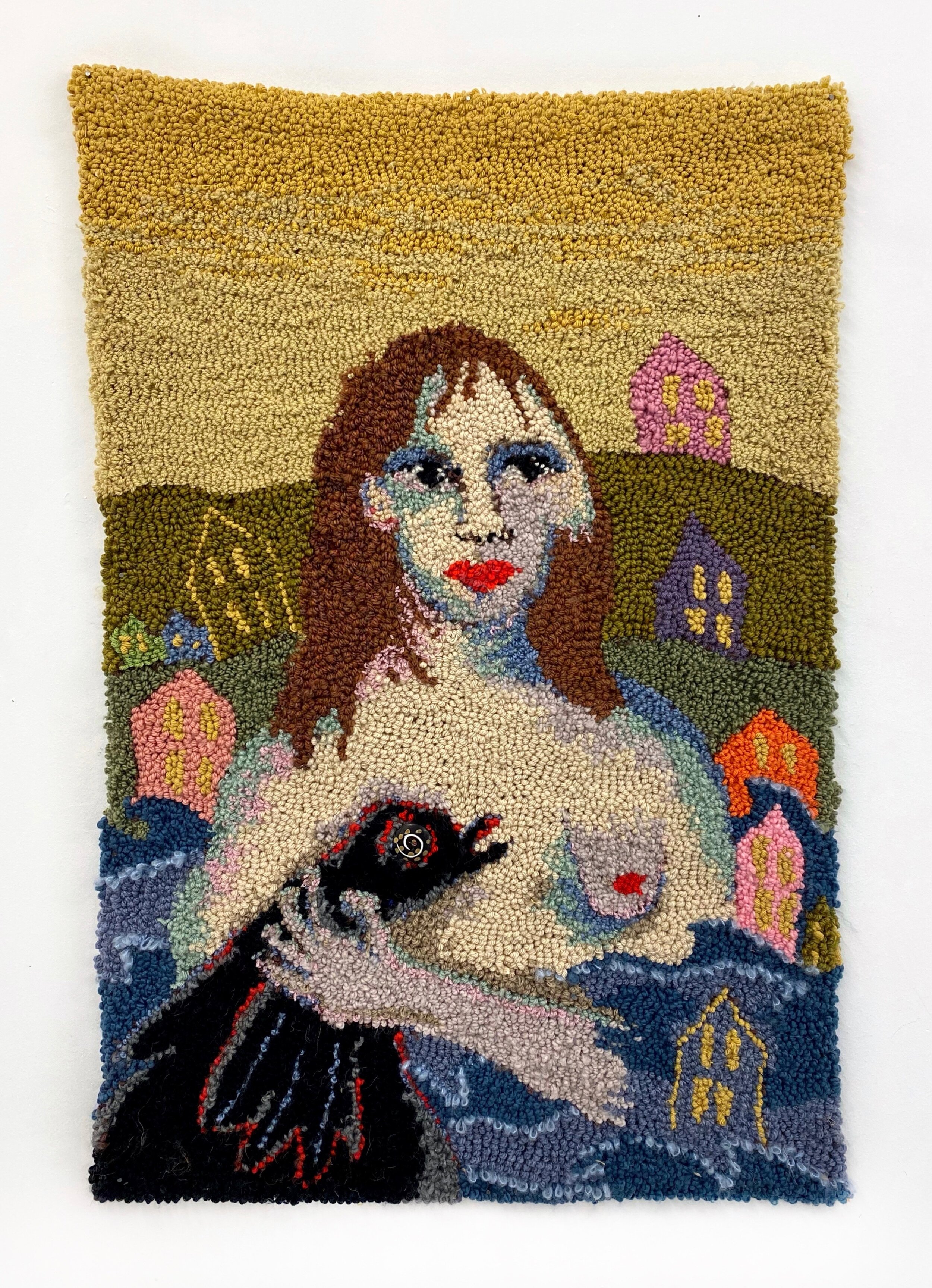 So it would bother me no more, (fuck off crow)  2021, 78x118cm Wool and button on hessian  