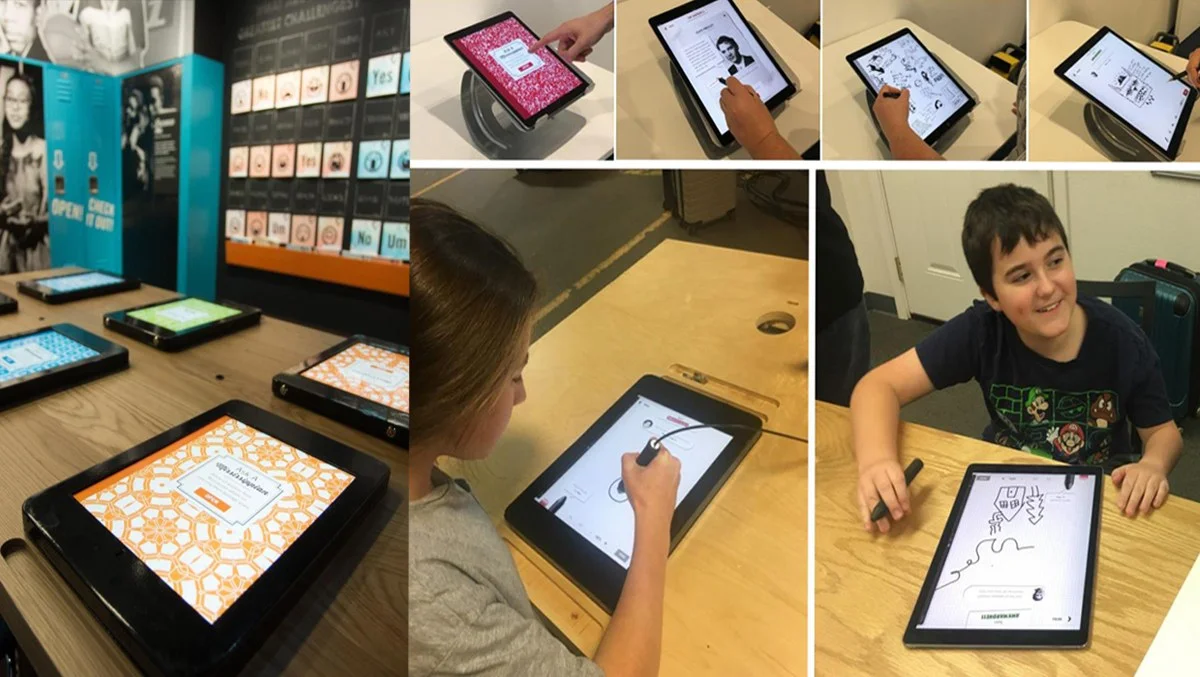 Using the digital painting pen, the visitor taps on the tablet to open the notebook to five questions. The visitor selects a question, and a Mississippian artist will respond with a personal story during their teen years. After answering the question, the artist prompts the visitor to draw something about the visitor’s experience in school. This drawing will be saved in a common canvas, and the visitor can send the drawing to their email as a takeaway.