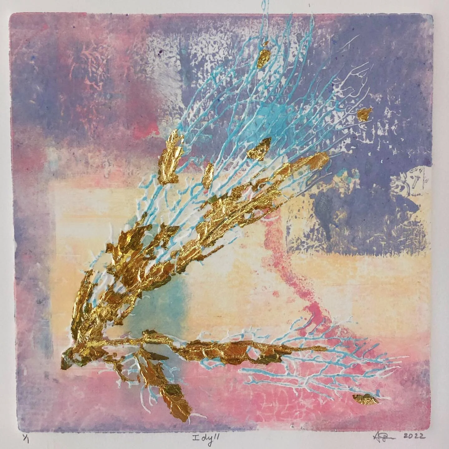 &ldquo;Idyll&rdquo; from my Faerie Tale series #monoprint with gold leaf. Give a little time for the child within you. Don&rsquo;t be afraid to be young and free. Undo the locks and throw away the keys. Take off your shoes and socks and, run you. #co