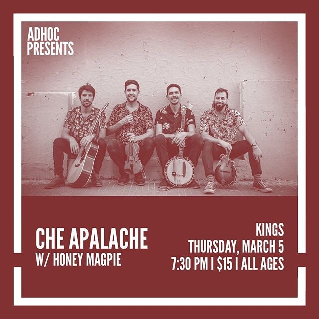 We&rsquo;re thrilled to be back in the Triangle on March 5th w/ @honeymagpieband .
🎟cheapalache.com/tour🎟
#Raleigh #NC #CheApalache #honeymagpieband #bluegrass #latingrass #ontour