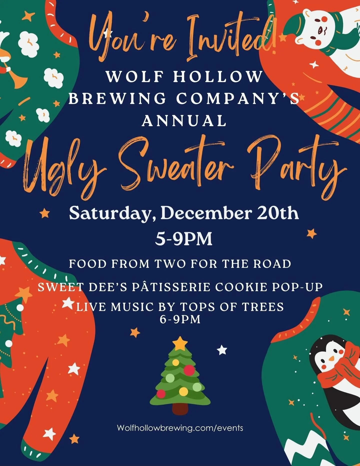 Ugly sweaters, beers, live music, cookies, and good eats. Sounds like a great night! Join us for our annual Ugly Sweater Party this evening featuring live music by @tops0ftrees, @twofortheroadfood, and amazing holiday cookies from @sweetdeespatisseri