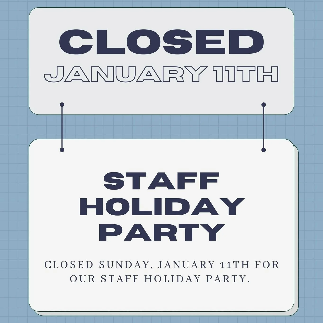 Hey folks, we're closed today so we can relax and celebrate the previous year with our amazing staff. See you on Wednesday!