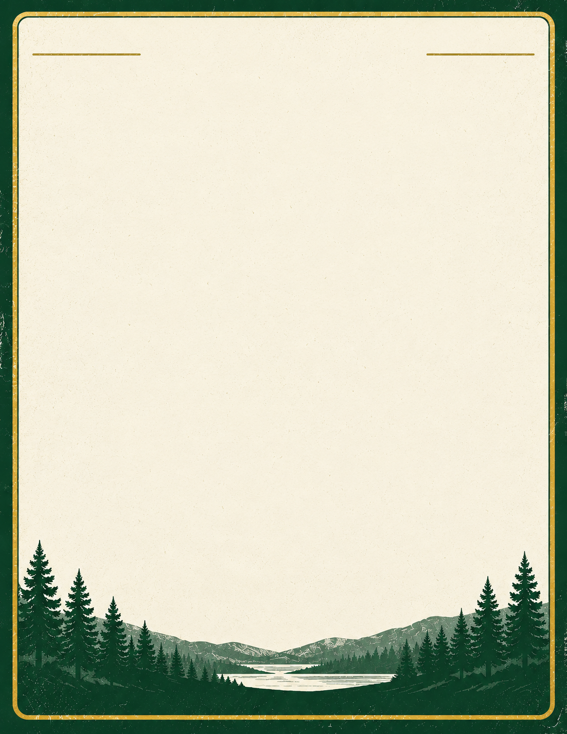 Blank cream-colored letterhead with green mountain and pine tree border at the bottom and gold trim, suitable for outdoor or nature-themed stationery.