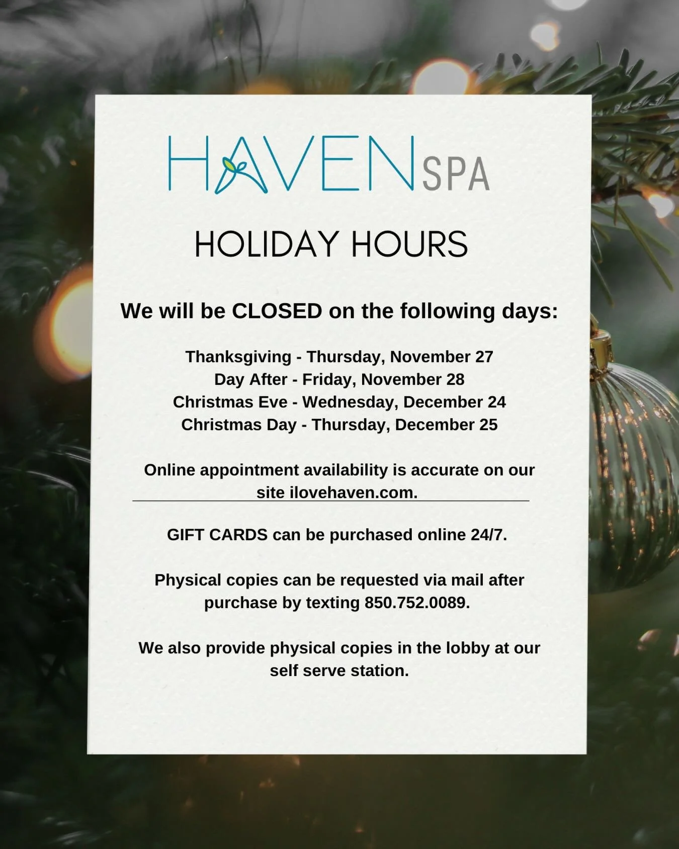 🎁 Holiday Update! 🎁 
Just a reminder of our holiday hours. Note that office hours will be limited during the holiday weeks, but we&rsquo;re still here for you! Simply text us at 850.752.0089 anytime to check availability or ask questions. Wishing y