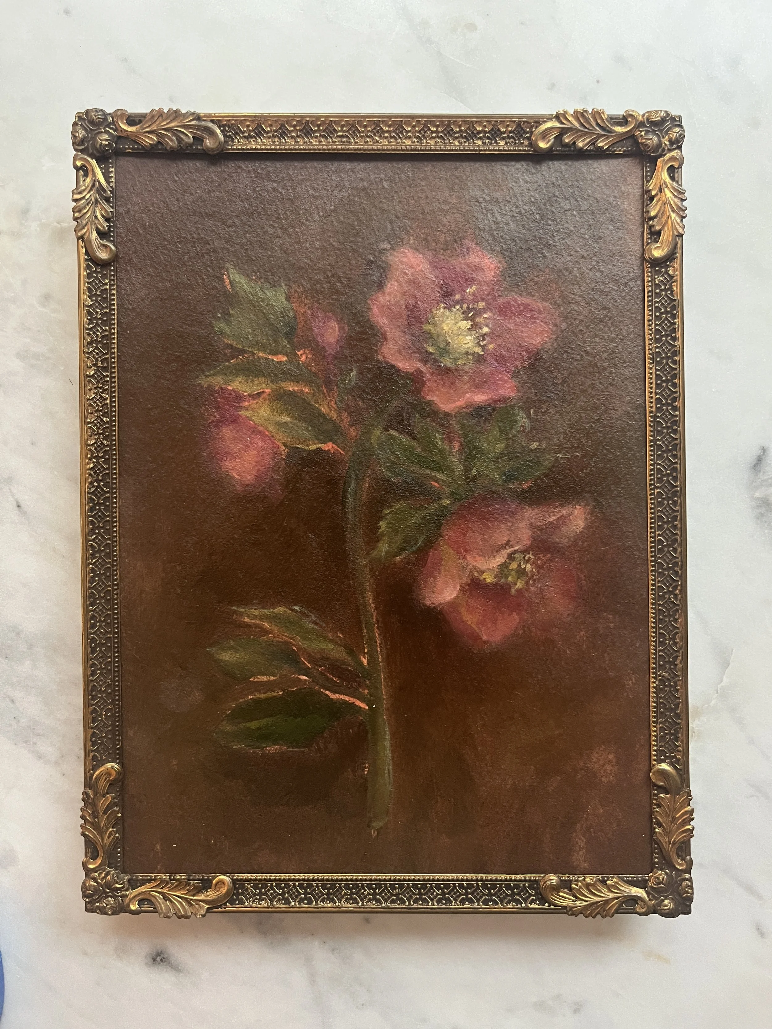 Hellebores on Umber Original Painting in a Vintage Frame