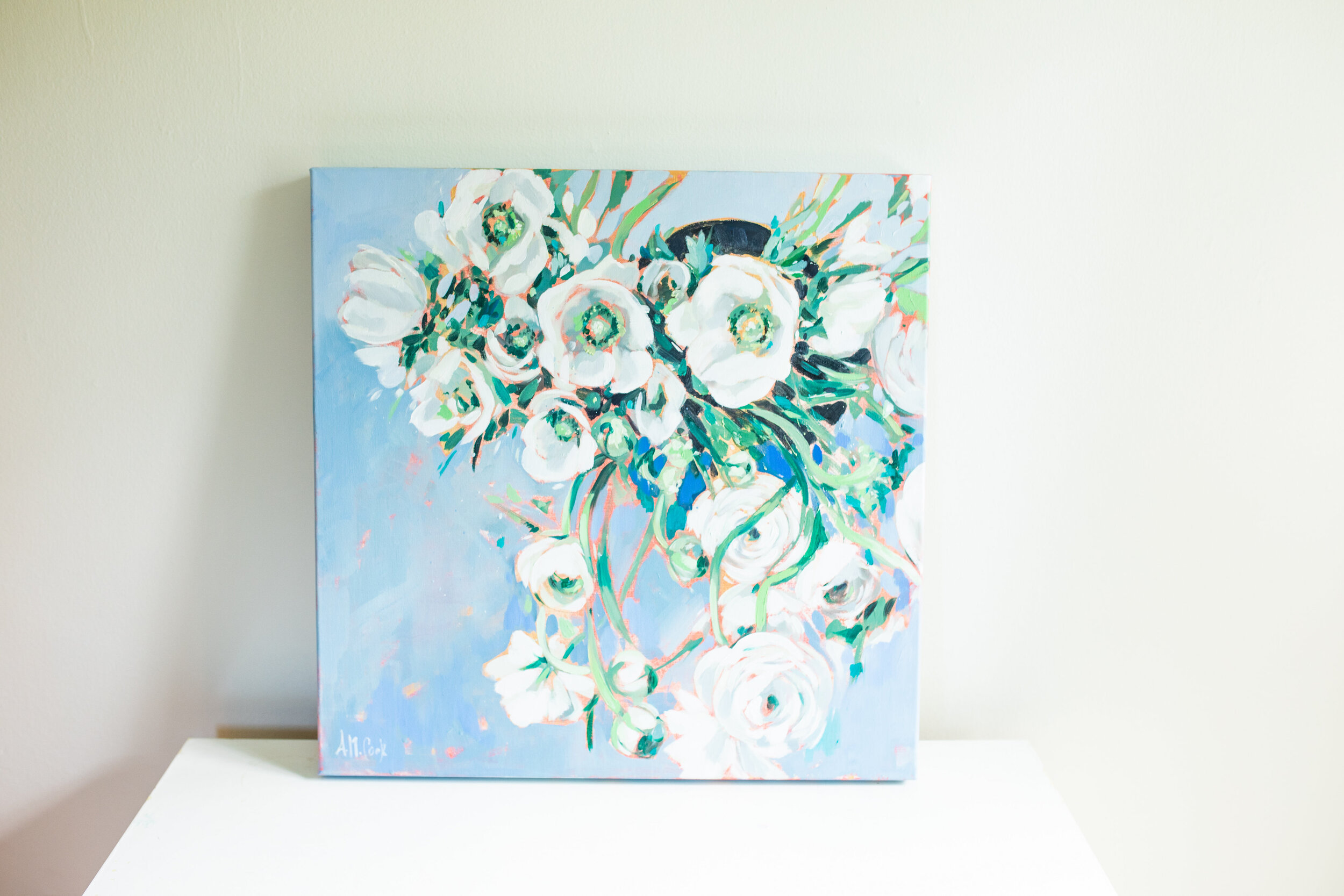 "Anemones on Blue" Original Oil Painting 20 x 20 