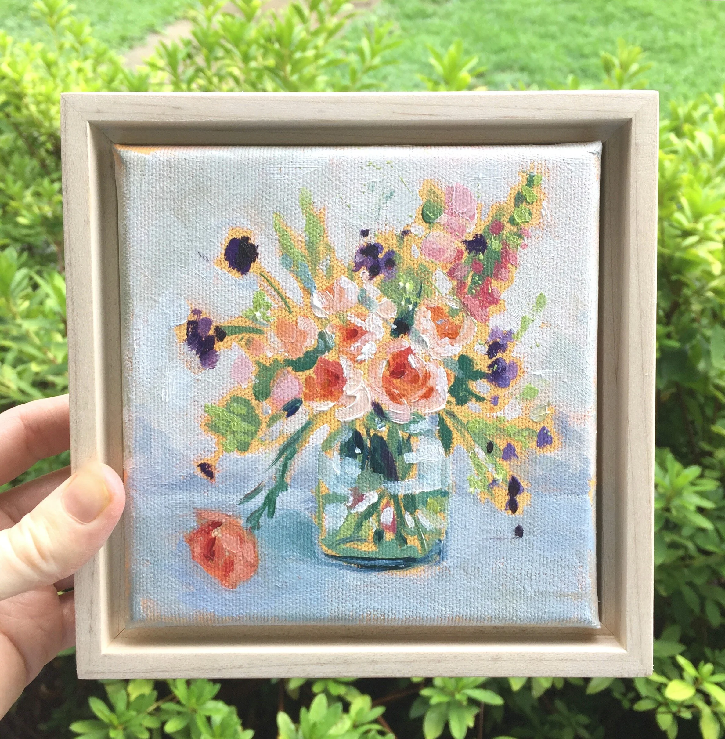 "Petite Coral Bouquet" Small Original oil painting 5 x 5 on canvas