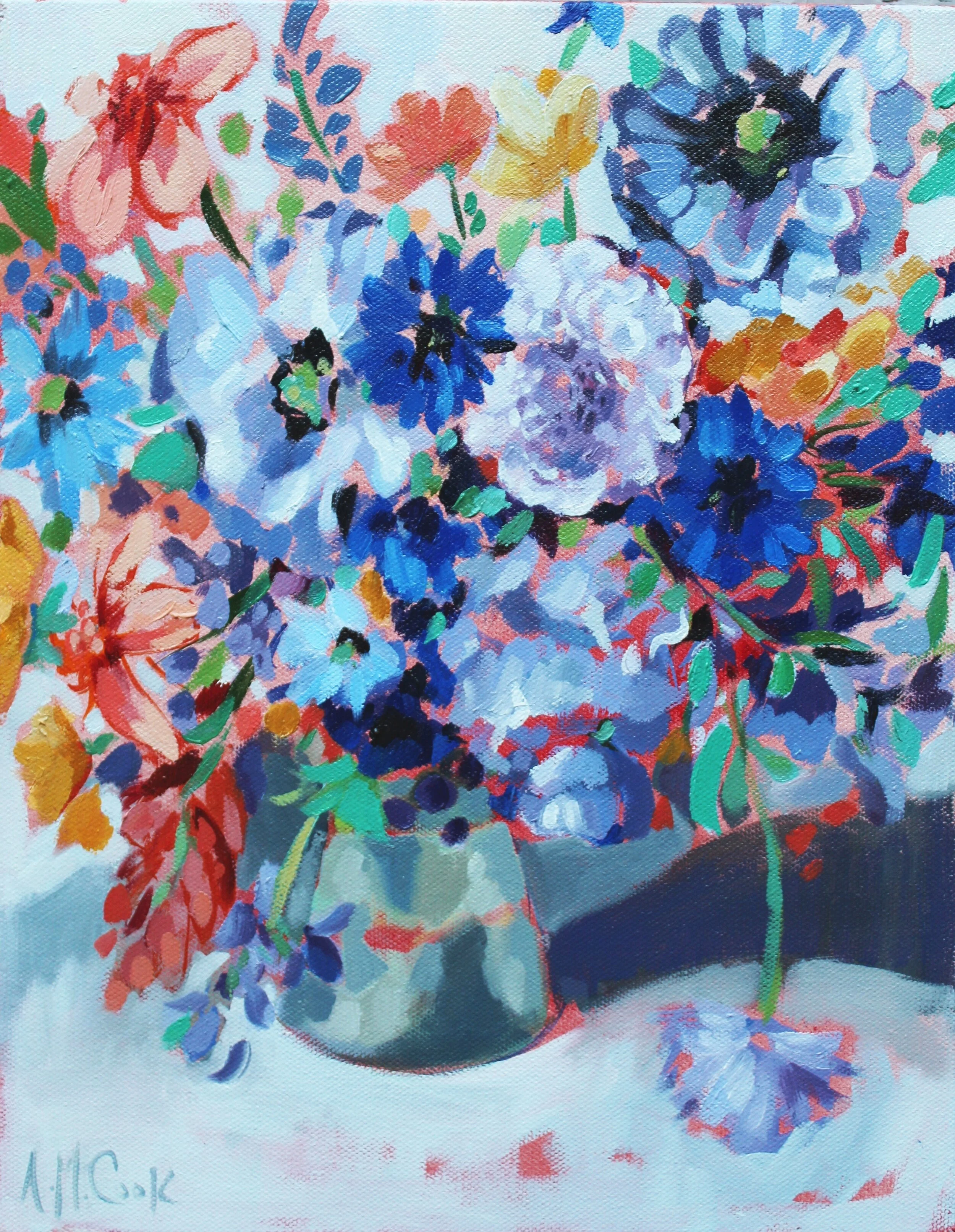 "Blue and Peach Floral Party" Original Oil Painting 11 x 14 on Canvas