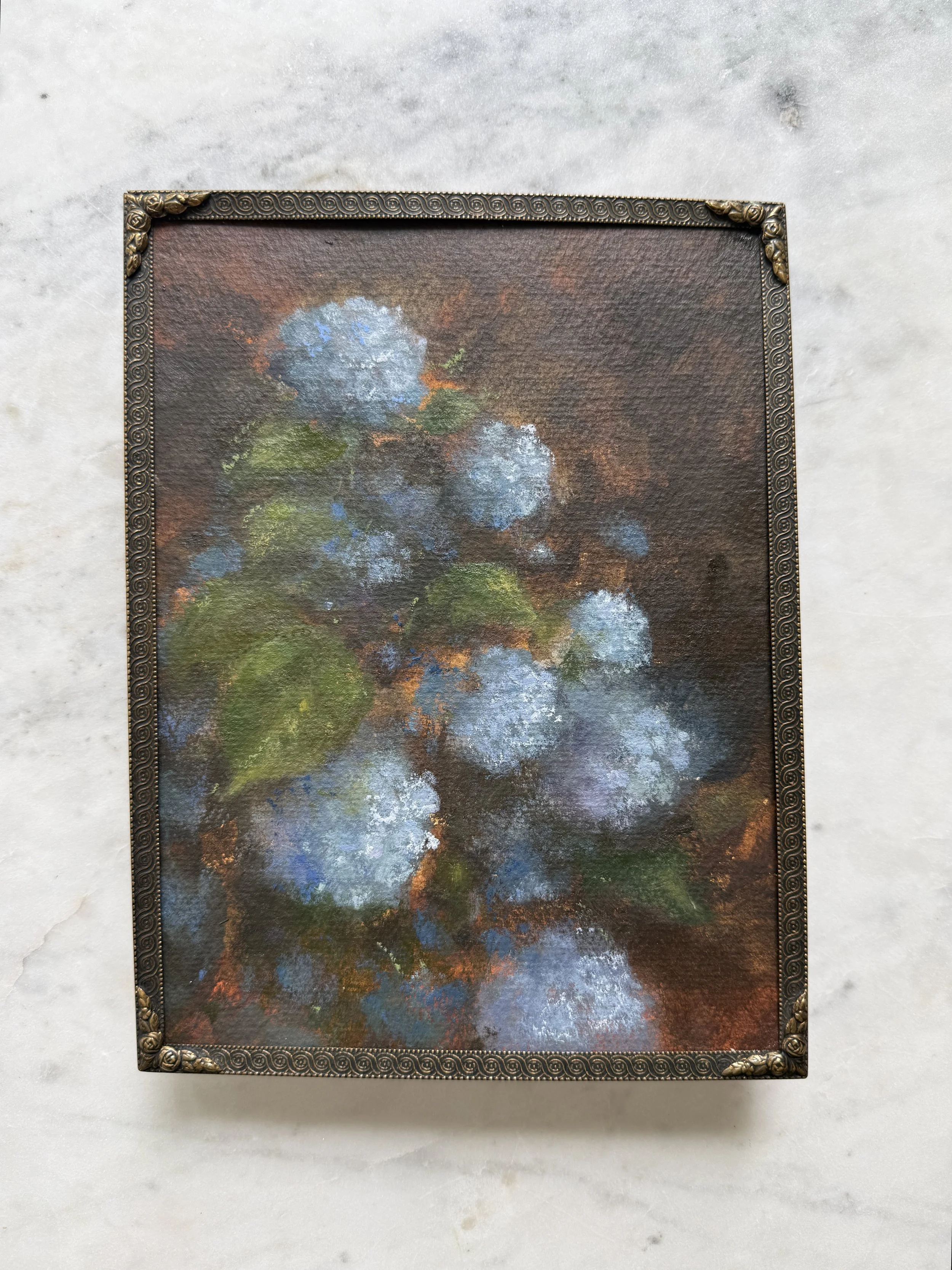 Blue Hydrangea Blooms IV, an Original Oil Painting in a Vintage Frame