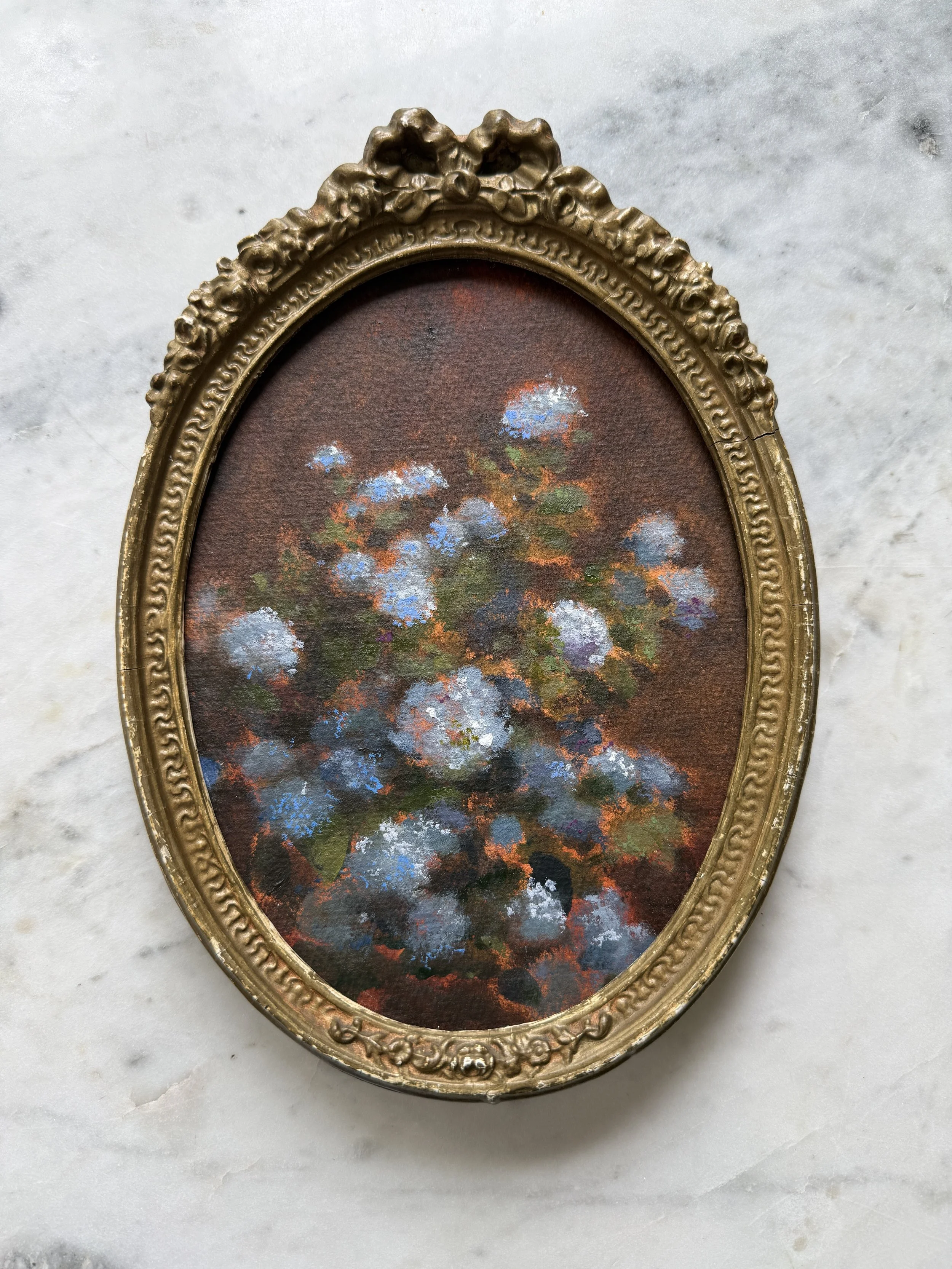 Blue Hydrangea Blooms III, an Original Oil Painting in a Vintage Frame