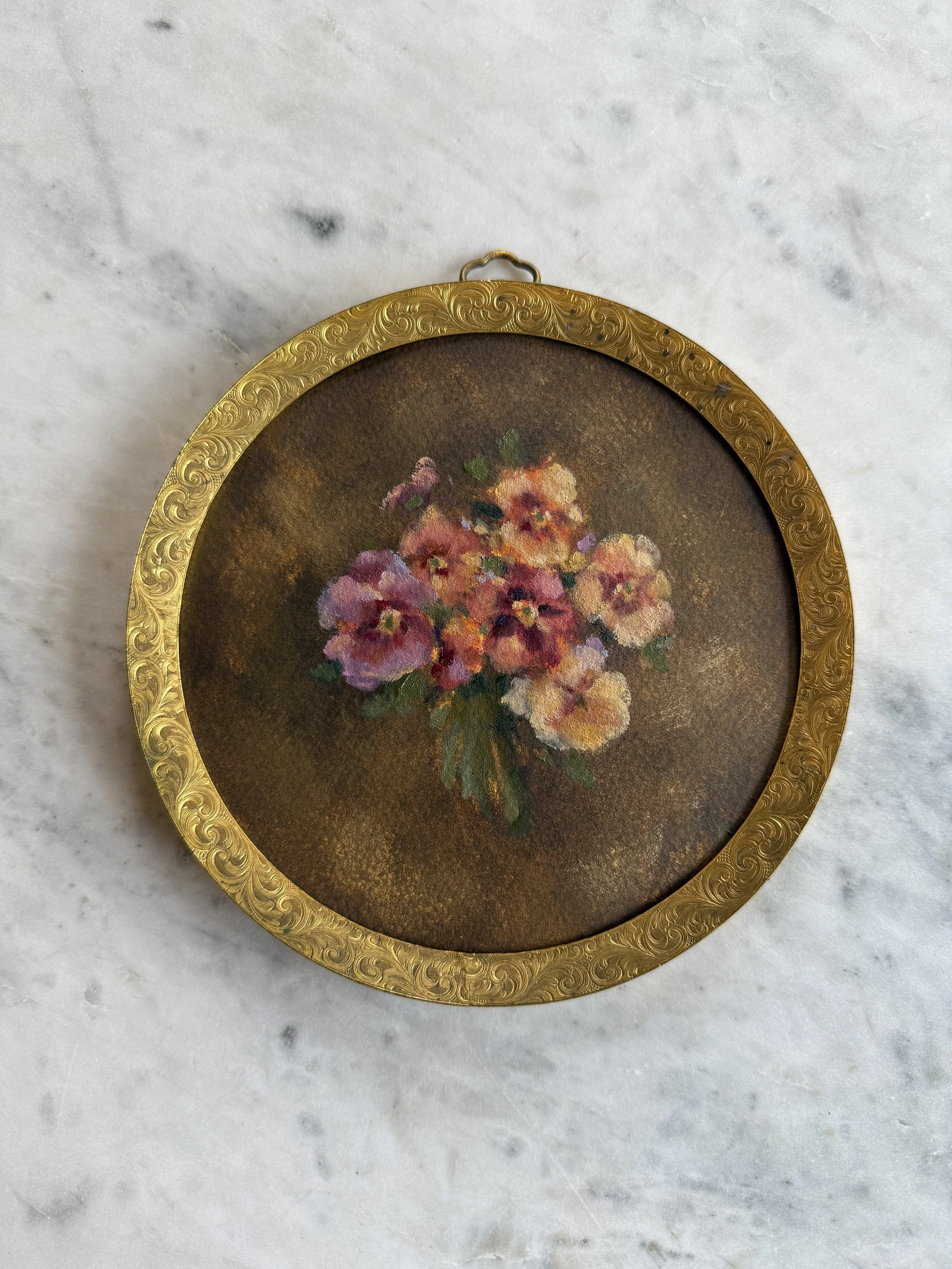 Antique Shades Pansies on Umber III Original Painting in a Vintage Frame