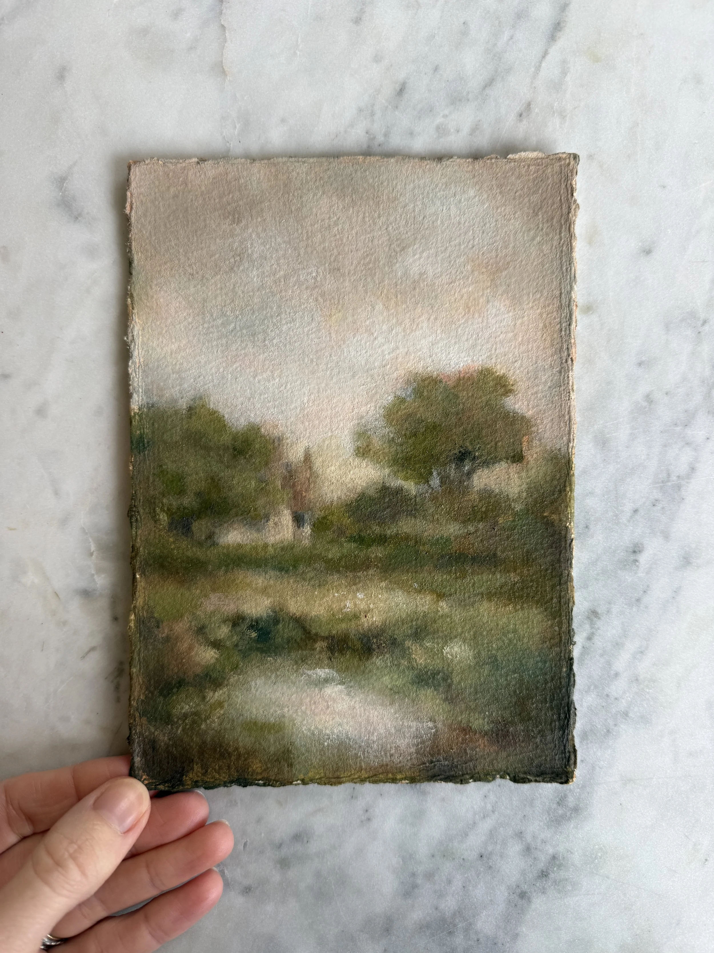 Cottage Landscape Original Oil Painting on Deckled Edged Paper