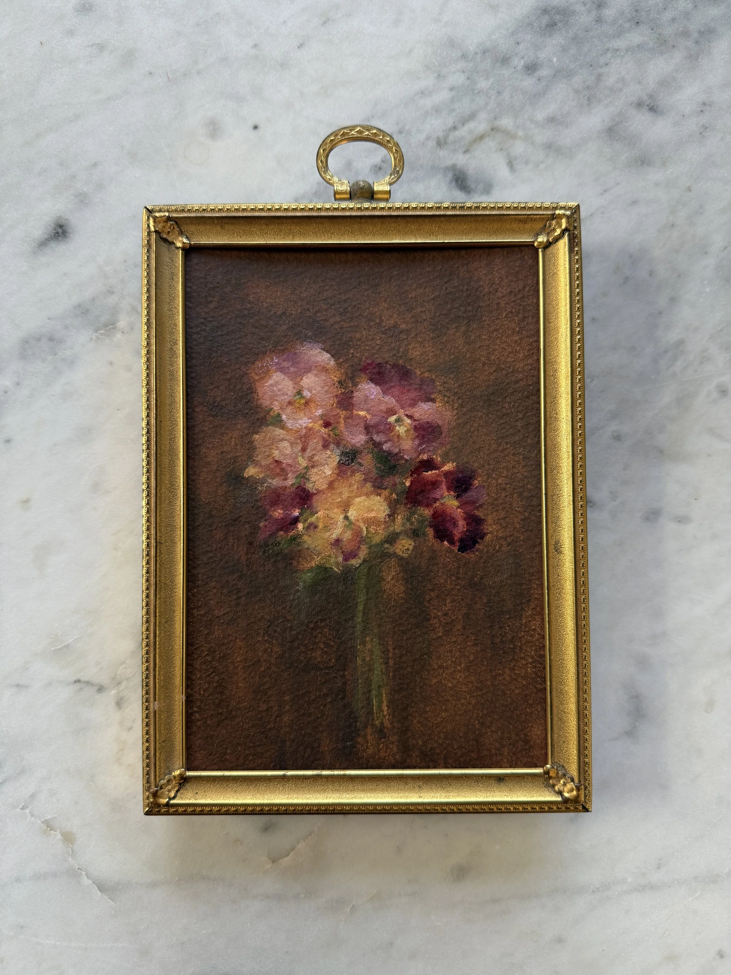 Pansy Impressions on Umber II Original Painting in a Vintage Frame