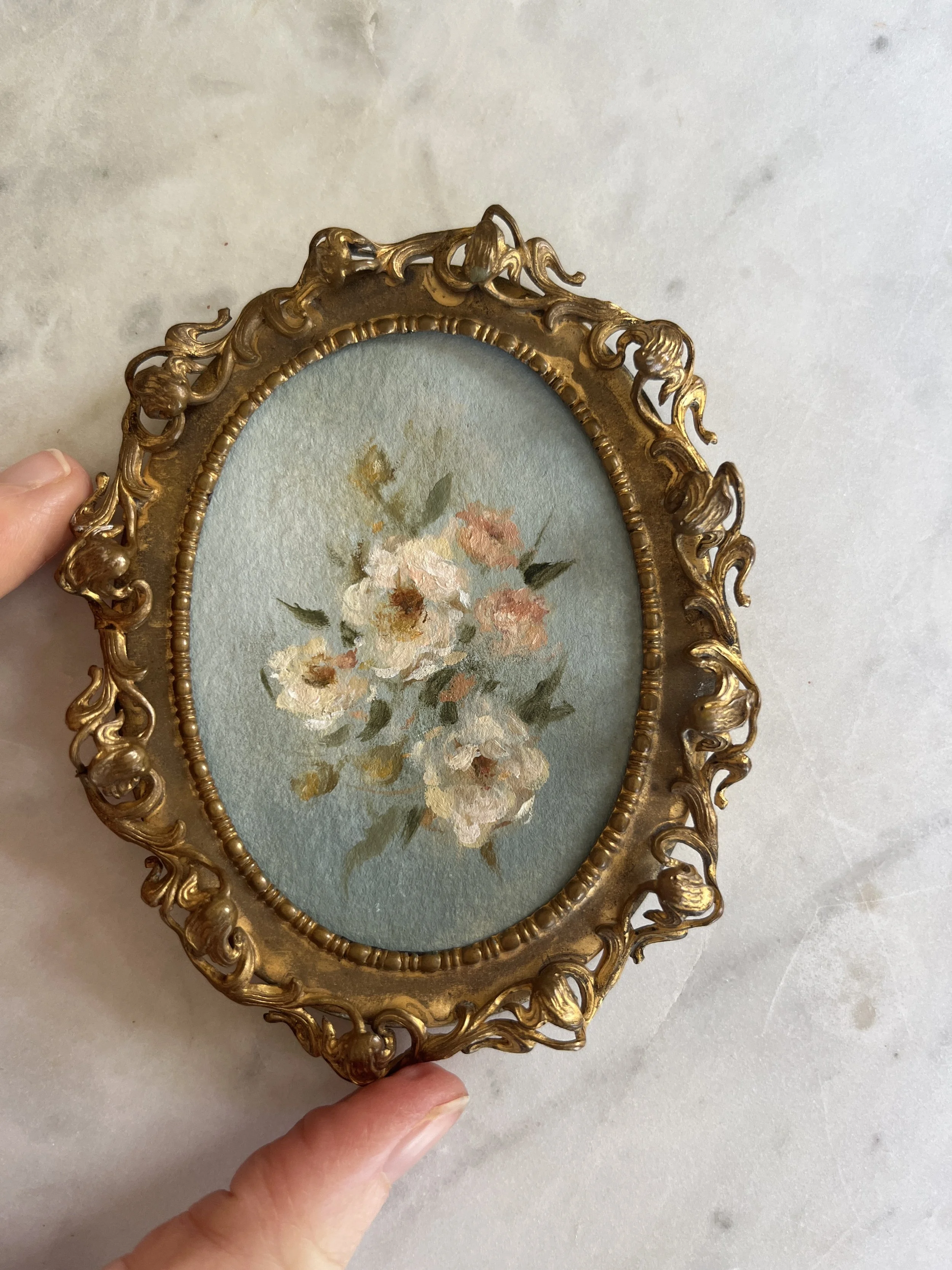 Petite Butterfly Cosmos Original Painting in a Vintage Frame