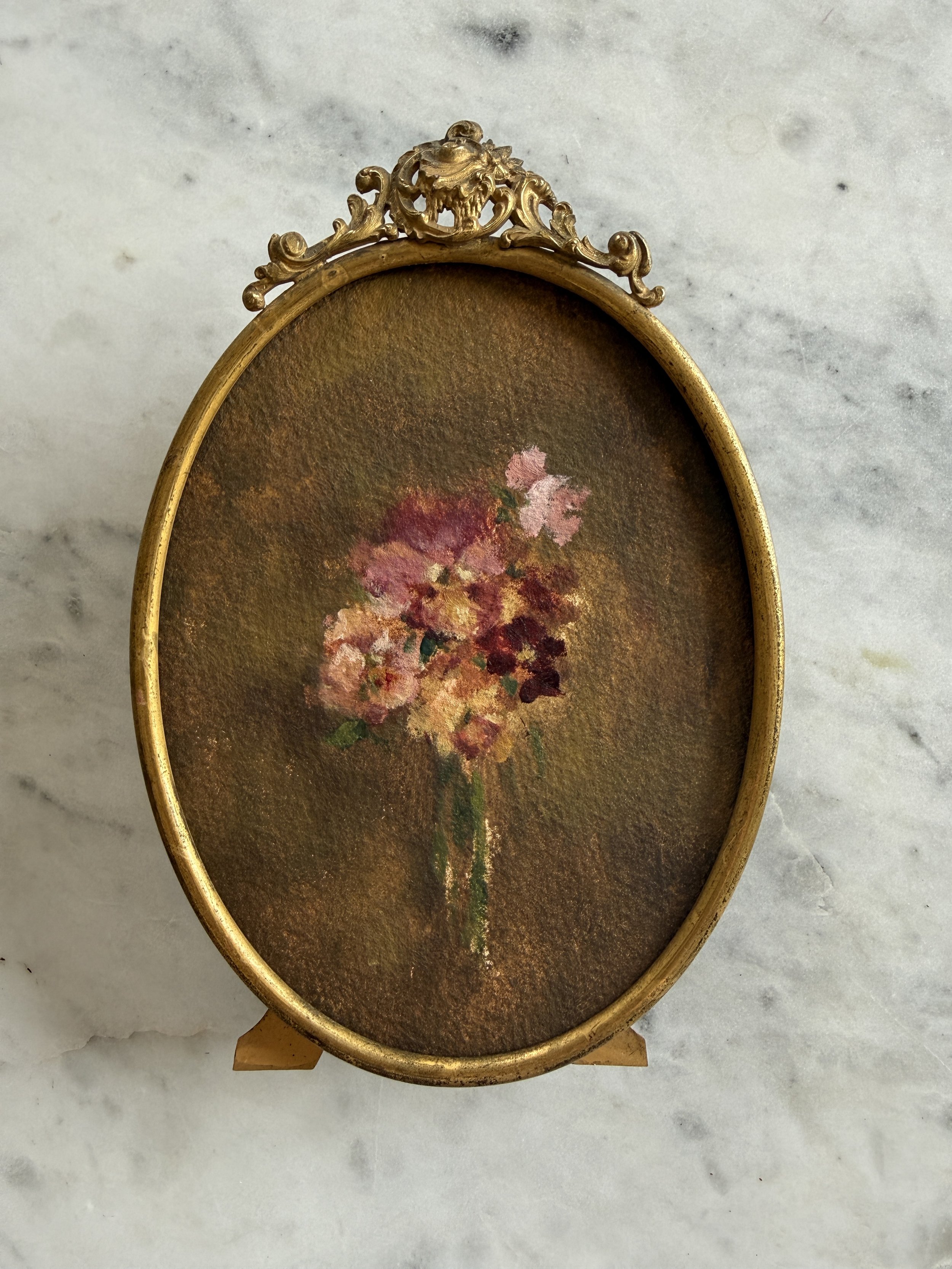 Pansy Impressions on Umber Original Painting in a Vintage Frame