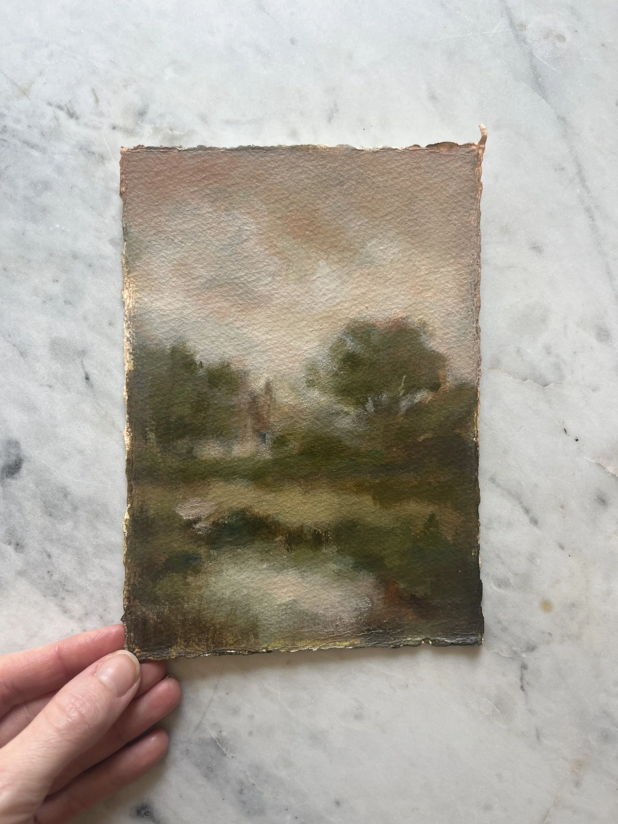 Rosy Summer Cottage Scene Original Oil Painting on Deckled Edged Paper