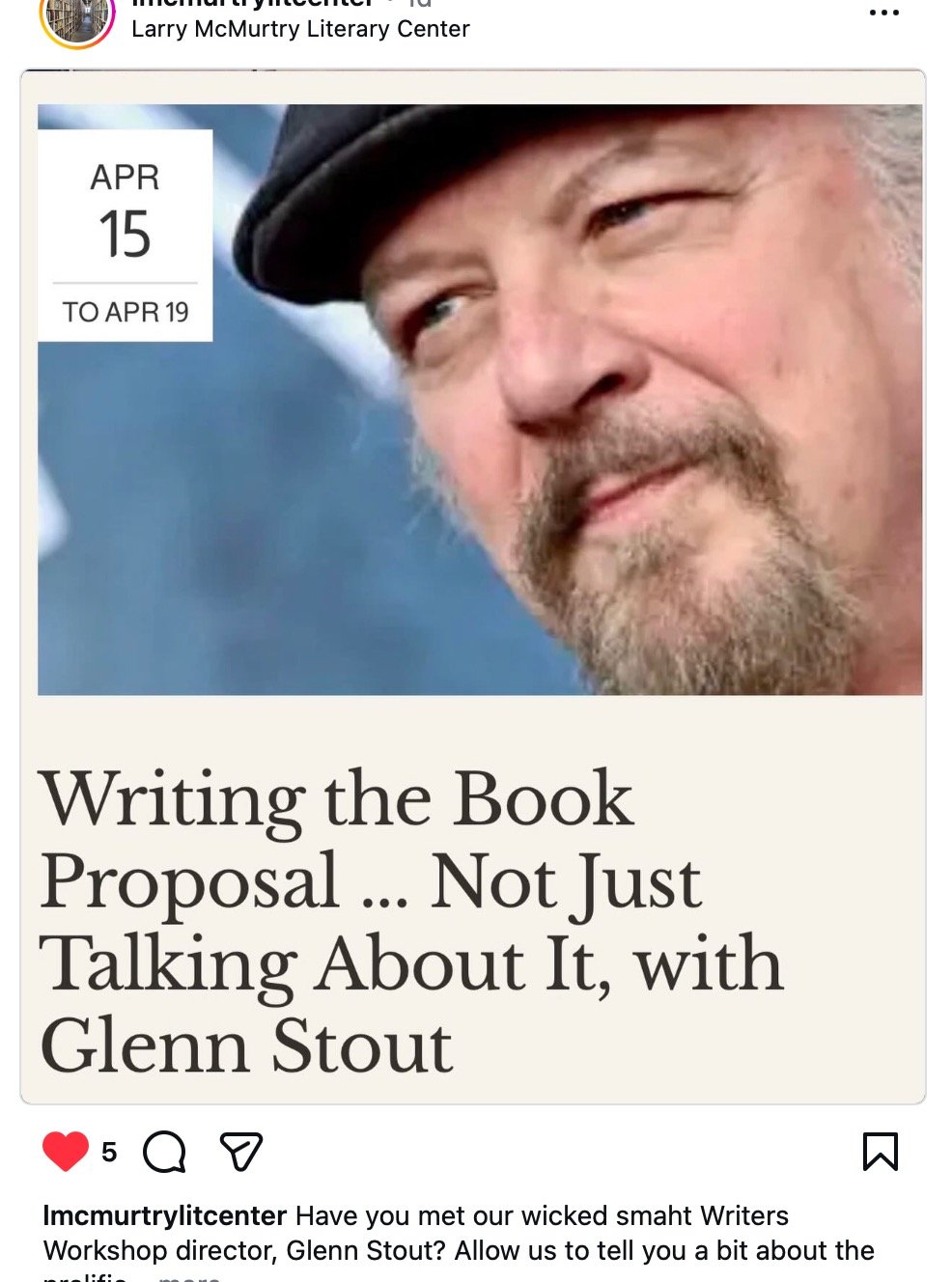 @glennstoutwriter taught me how to write the proposal that landed my first book. Can't recommend this workshop enough. #ArcherCity #amwriting @lmcmurtrylitcenter