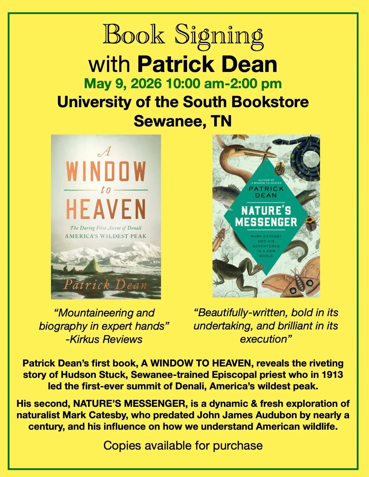 Two upcoming early-May events! First I'll be at @sewaneebookstore Graduation Saturday (hopefully on the porch); then at the Pollinator Festival in Cowan. Hope to see you! @visitcowantn @center4arts_cowan #amsigning