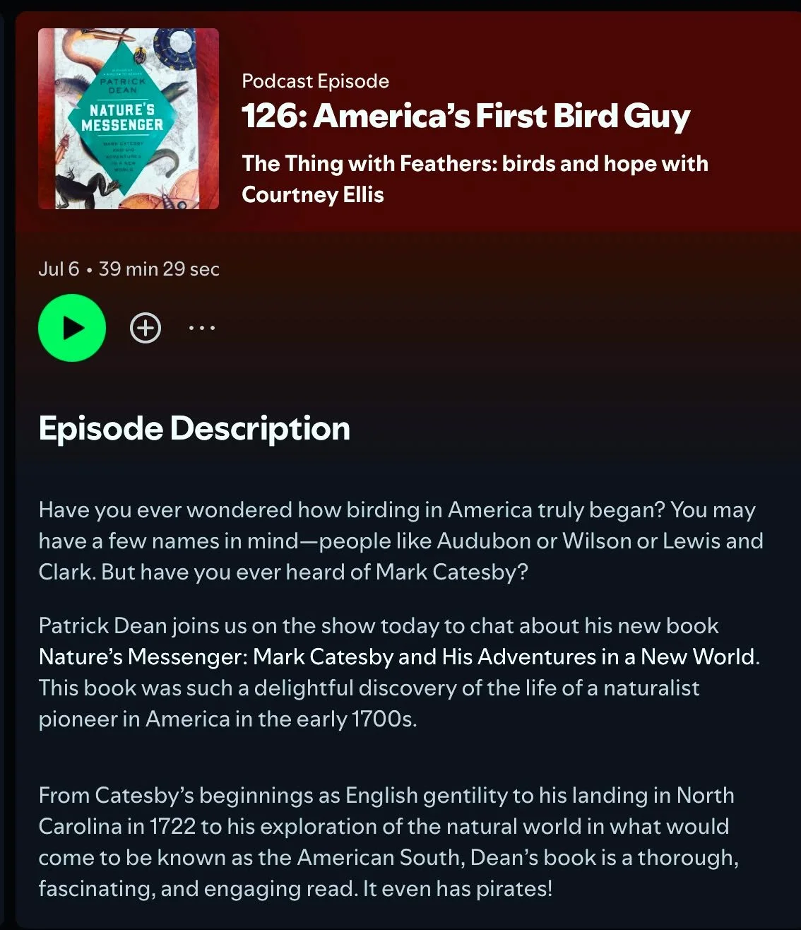 I just found out that my talk about #MarkCatesby and #NaturesMessenger on @thethingwithfeatherspod is live! I really enjoyed chatting with Courtney. #birdart