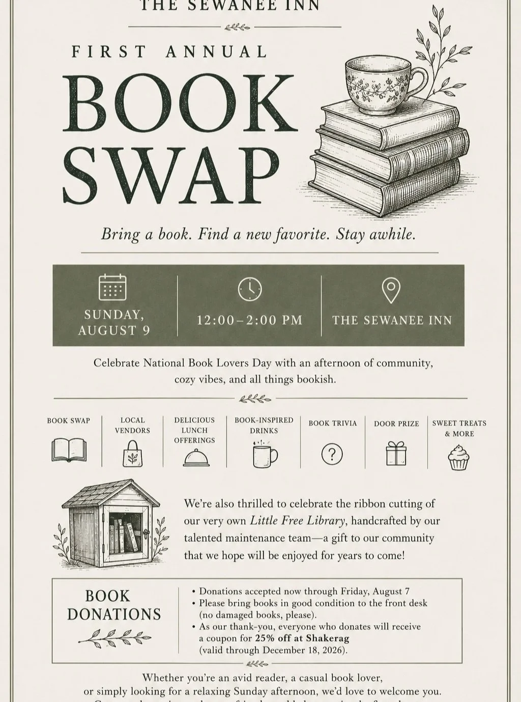 Next up: @thesewaneeinn a week from tomorrow! Bring a book and join the fun -- I'll have a table #sewaneewriters #nationalbookloversday