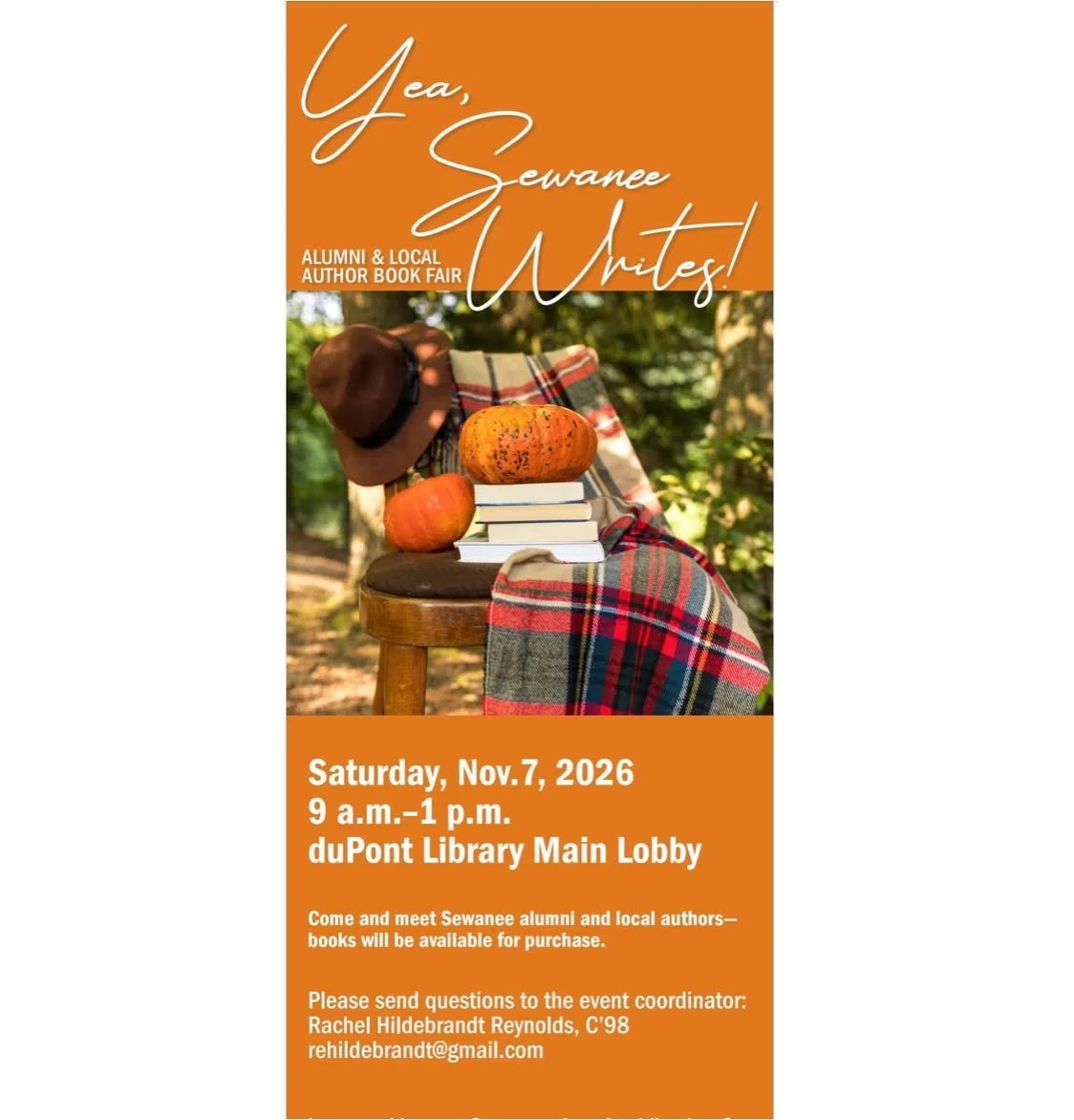 Next up...a #Sewanee homecoming double header! First #YeaSewaneeWrites @dupontlibrary from 9-11, then to my becoming-a-tradition porch signing @sewaneebookstore from 11-1. Stop by!