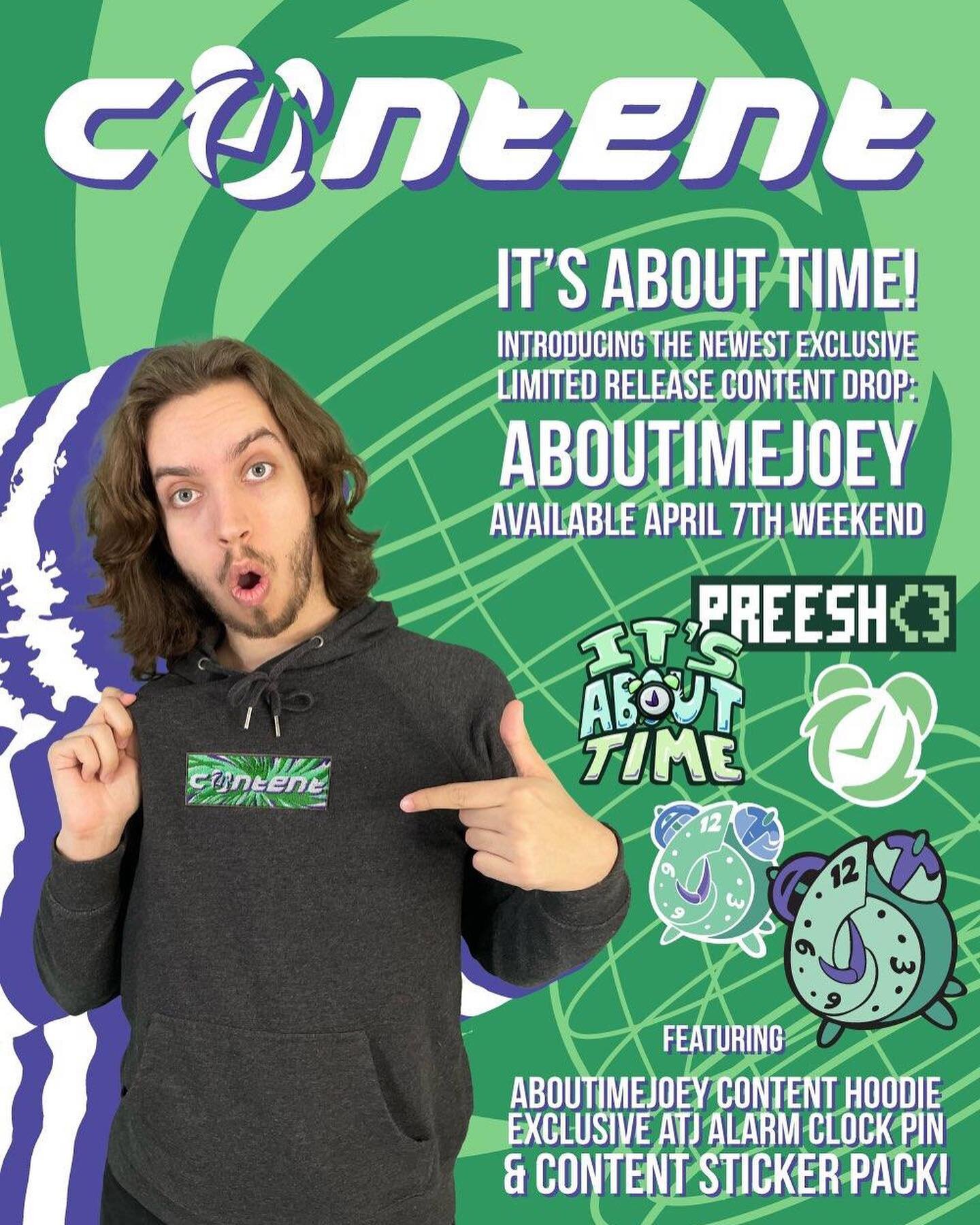 Check out the @aboutimejoey x @contentmerch drop available this weekend only! Pins, sticker packs, and premium hoodies, all available now! 
#content #contentcreator #contentmerch #merch #aparrel