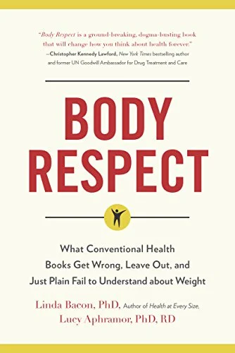 Image description: book cover for Body Respect (beige cover with book title and small drawing a person with their arms raised)