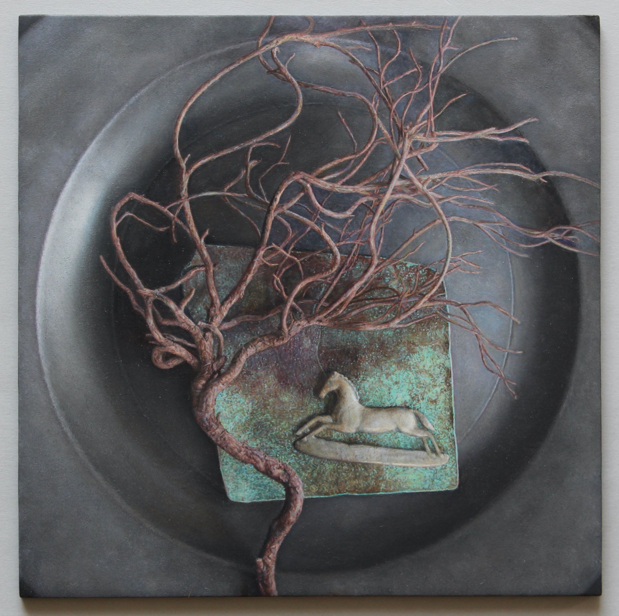 Pewter Plate with Found Objects ( Horse and Branch ), 2020, oil on board, 5 1/2 x 5 inches 