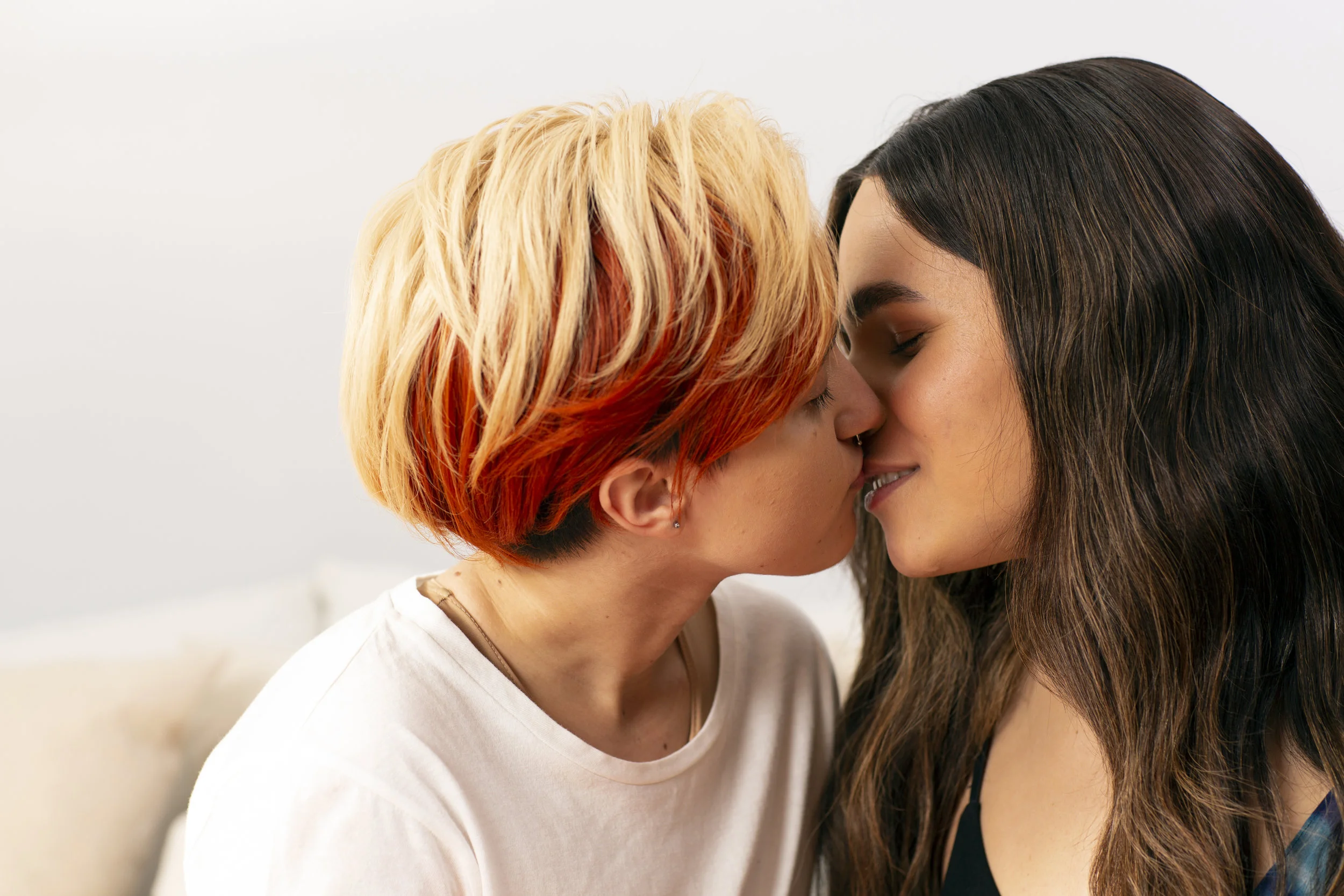 Image Description: A transmasculine gender-nonconforming person and transfeminine non-binary person kissing Photo Credit: The Gender Spectrum Collection