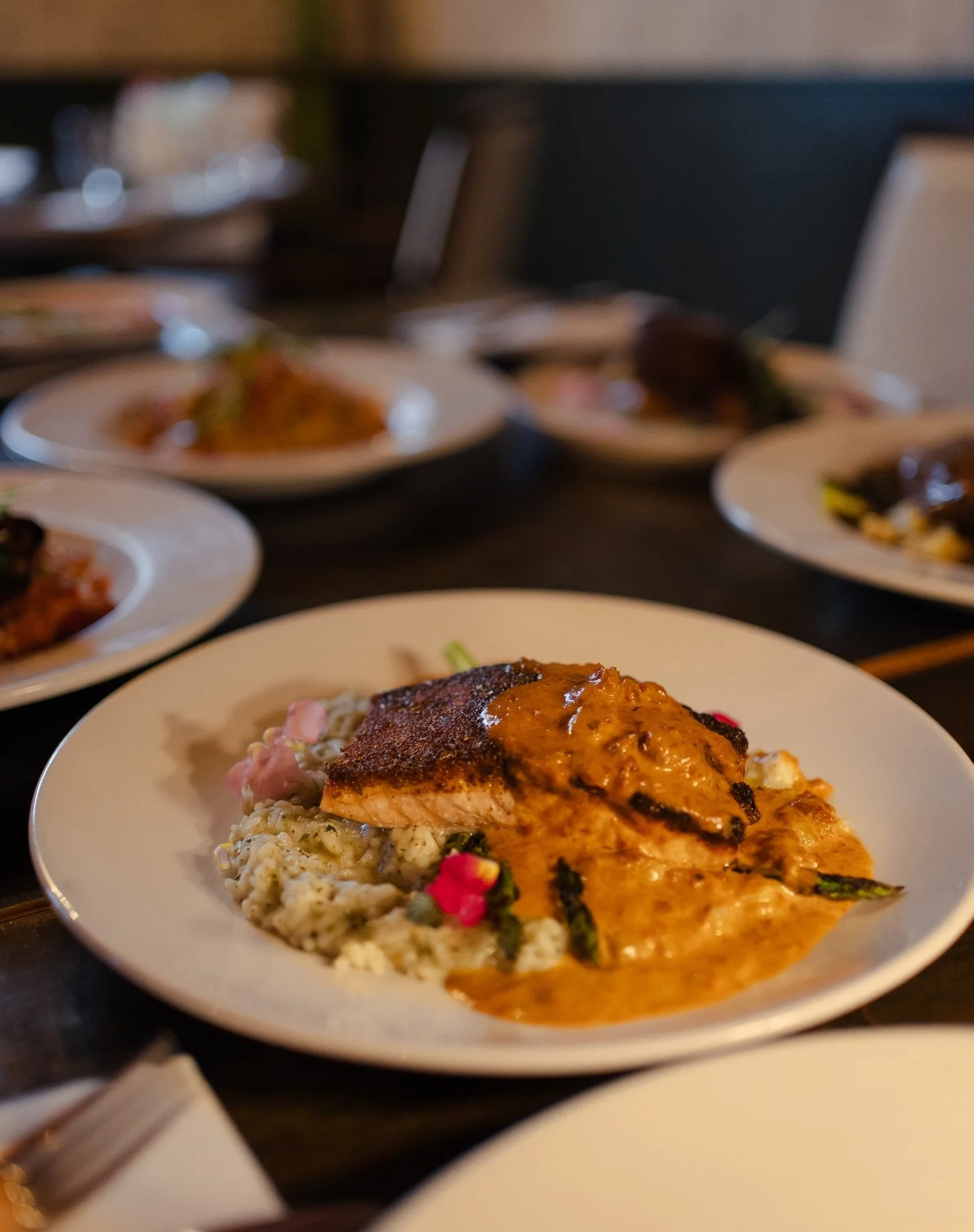 🔥 Bold flavours, perfectly balanced.
Our Blackened Salmon &mdash; Cajun-crusted Atlantic salmon paired with sundried tomato cream, basil pesto risotto, and fresh market vegetables 🌿🐟

Rich, vibrant, and unforgettable. ✨

#TheGypsyTeaRoom #Blackene